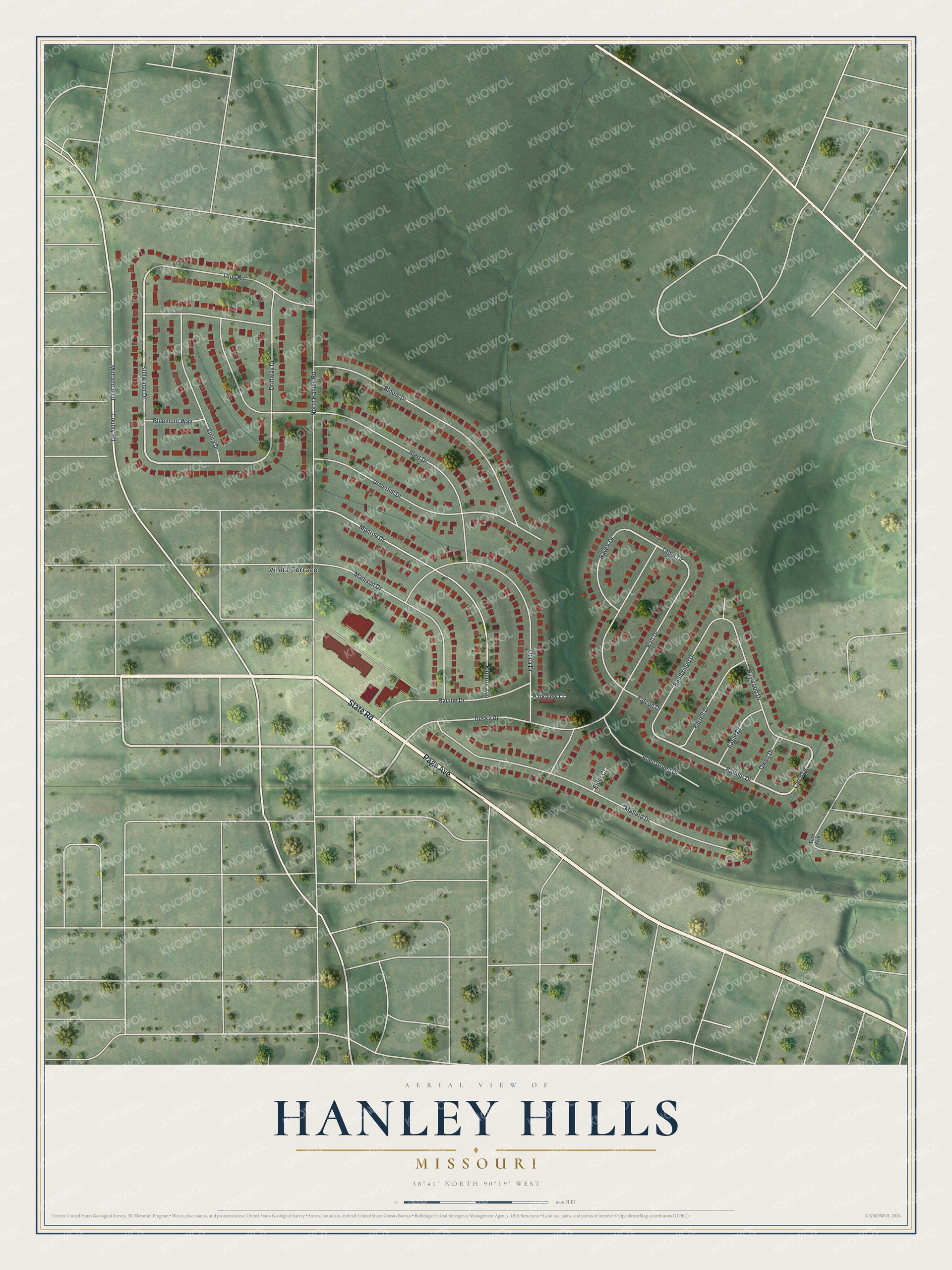 Full map of Hanley Hills, Missouri, with red buildings, printed street names and the land around them