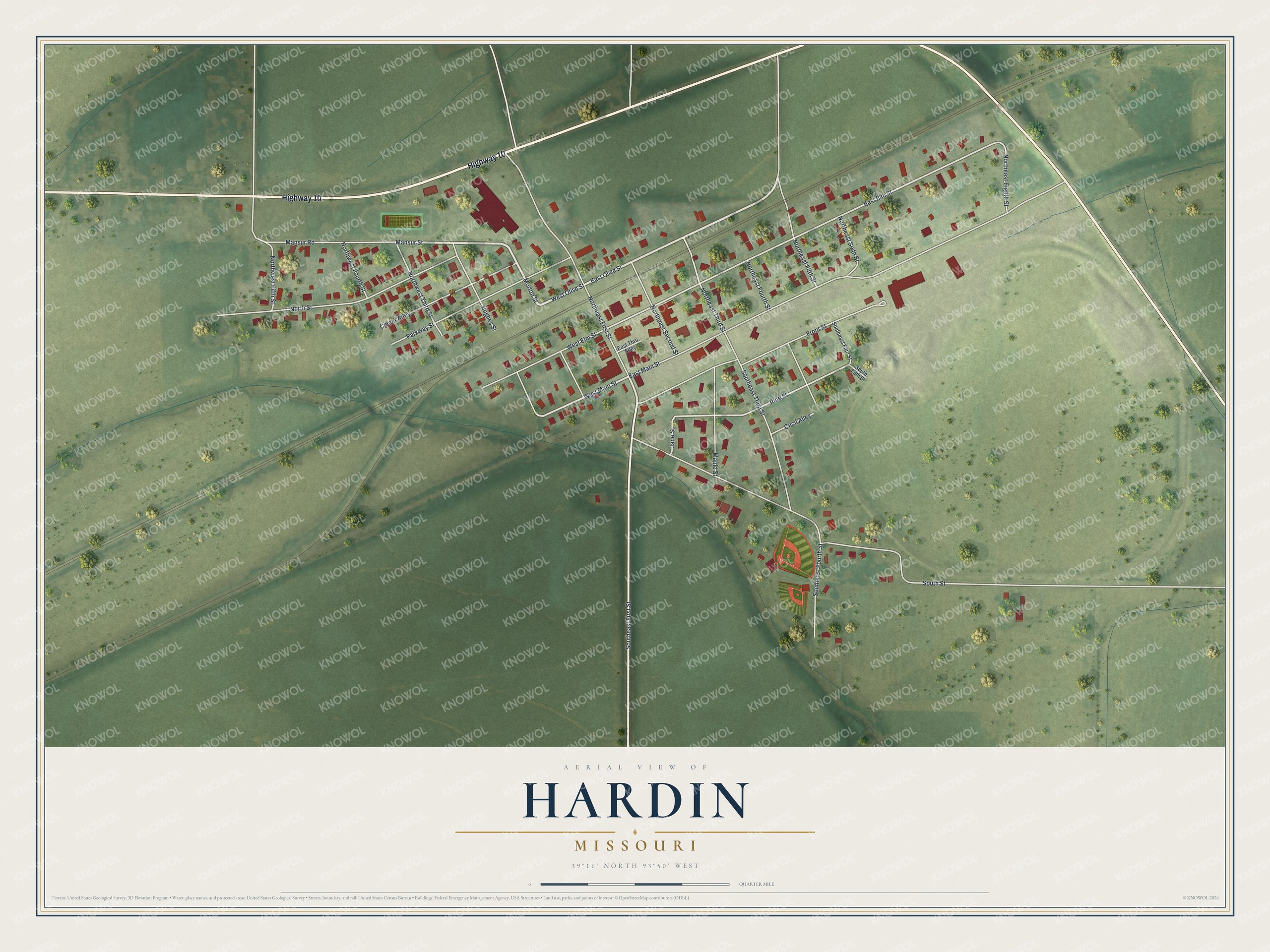 Full map of Hardin, Missouri, with red buildings, printed street names and the land around them