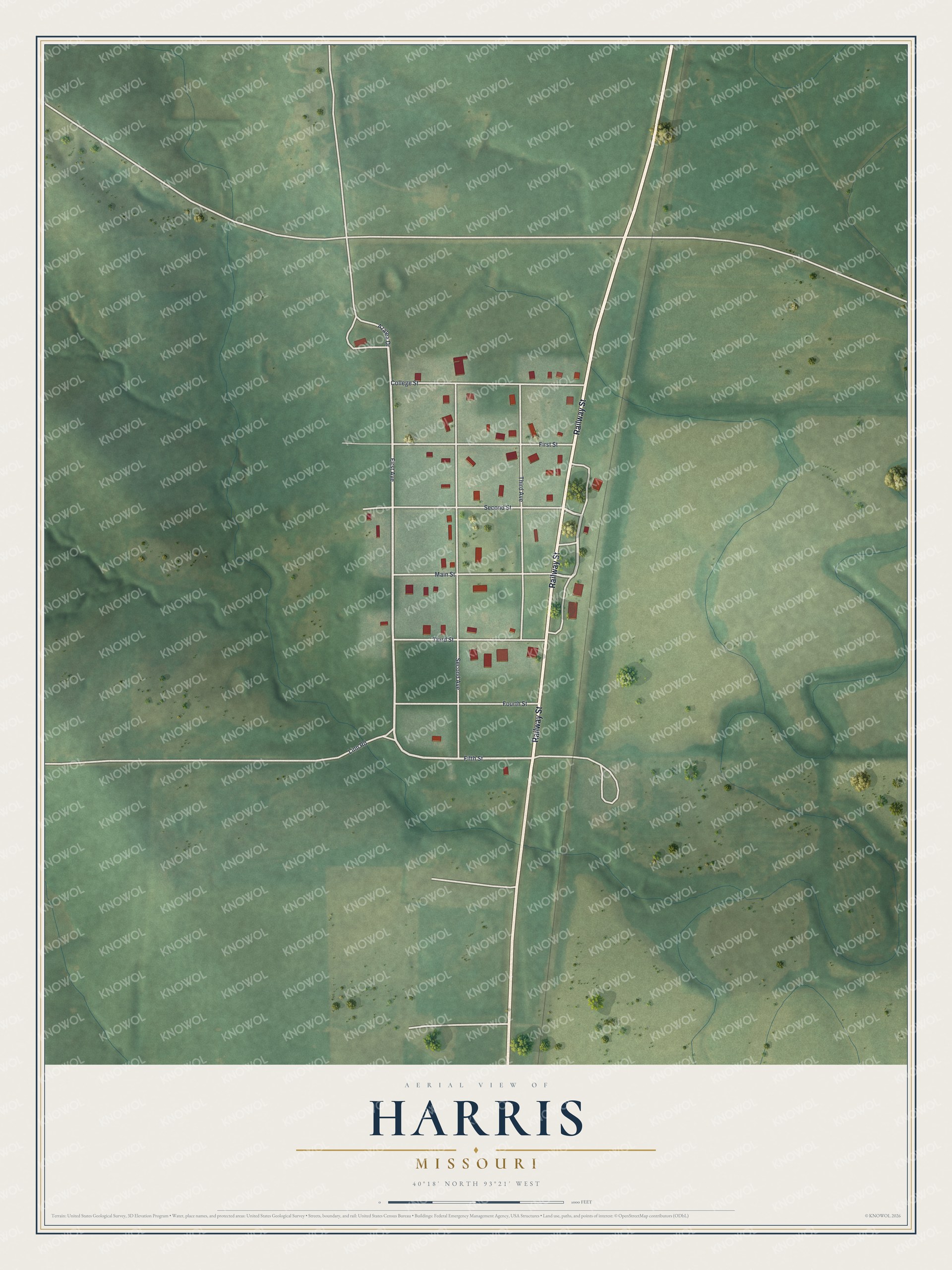 Full map of Harris, Missouri, with red buildings, printed street names and the land around them