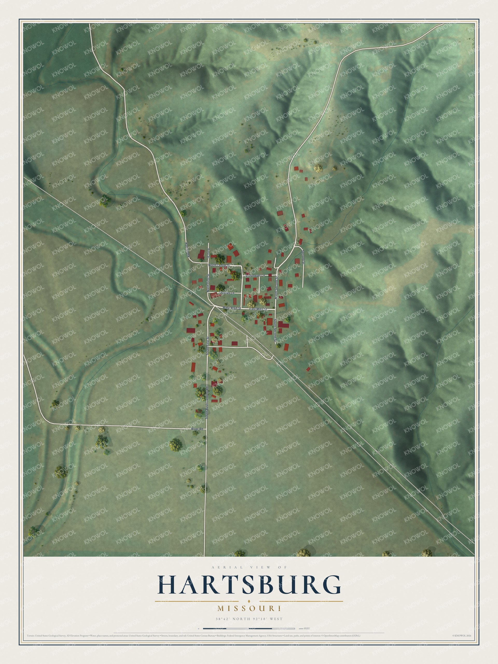 Full map of Hartsburg, Missouri, with red buildings, printed street names and the land around them