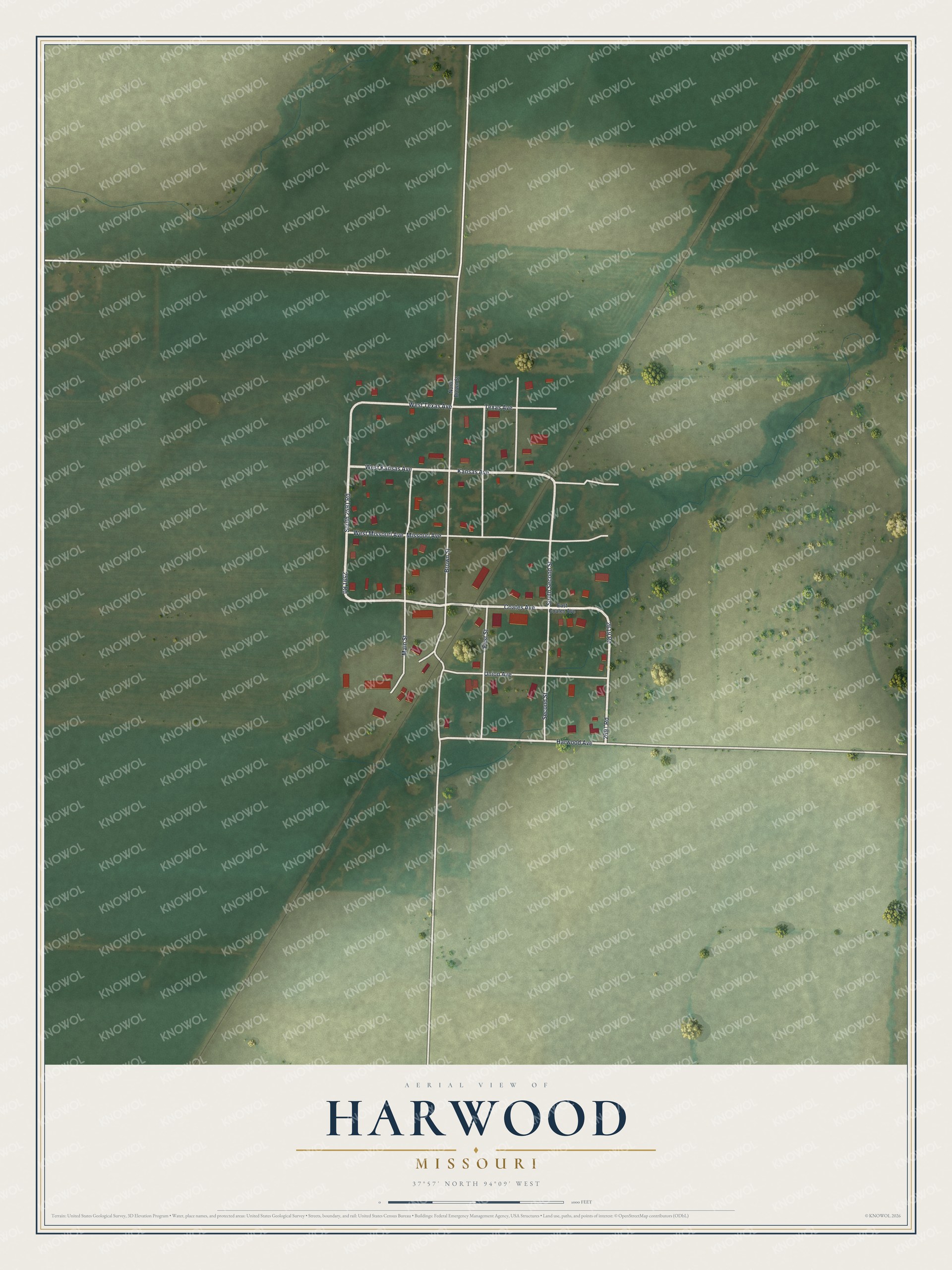 Full map of Harwood, Missouri, with red buildings, printed street names and the land around them
