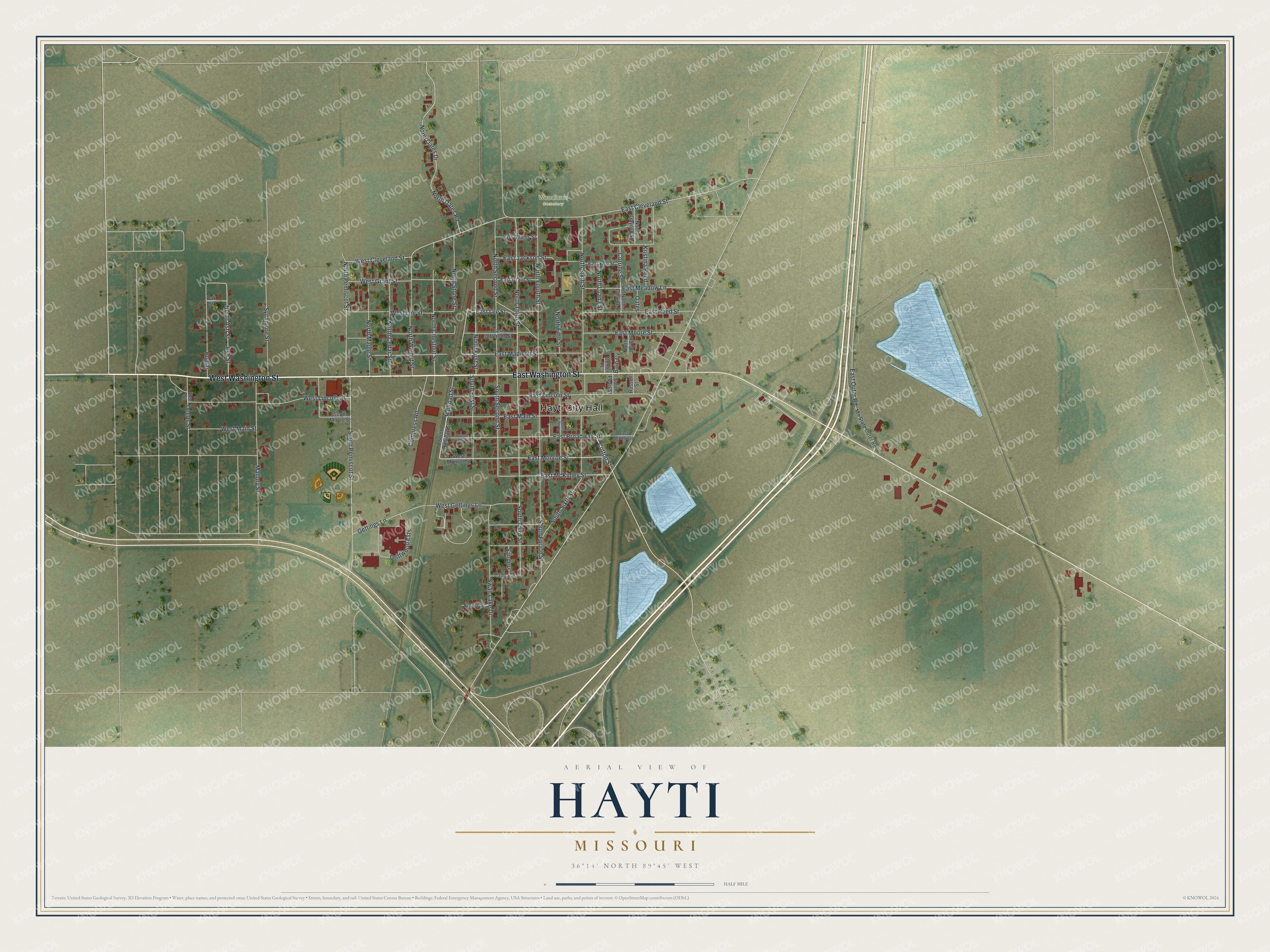 Full map of Hayti, Missouri, with red buildings, printed street names and the land around them