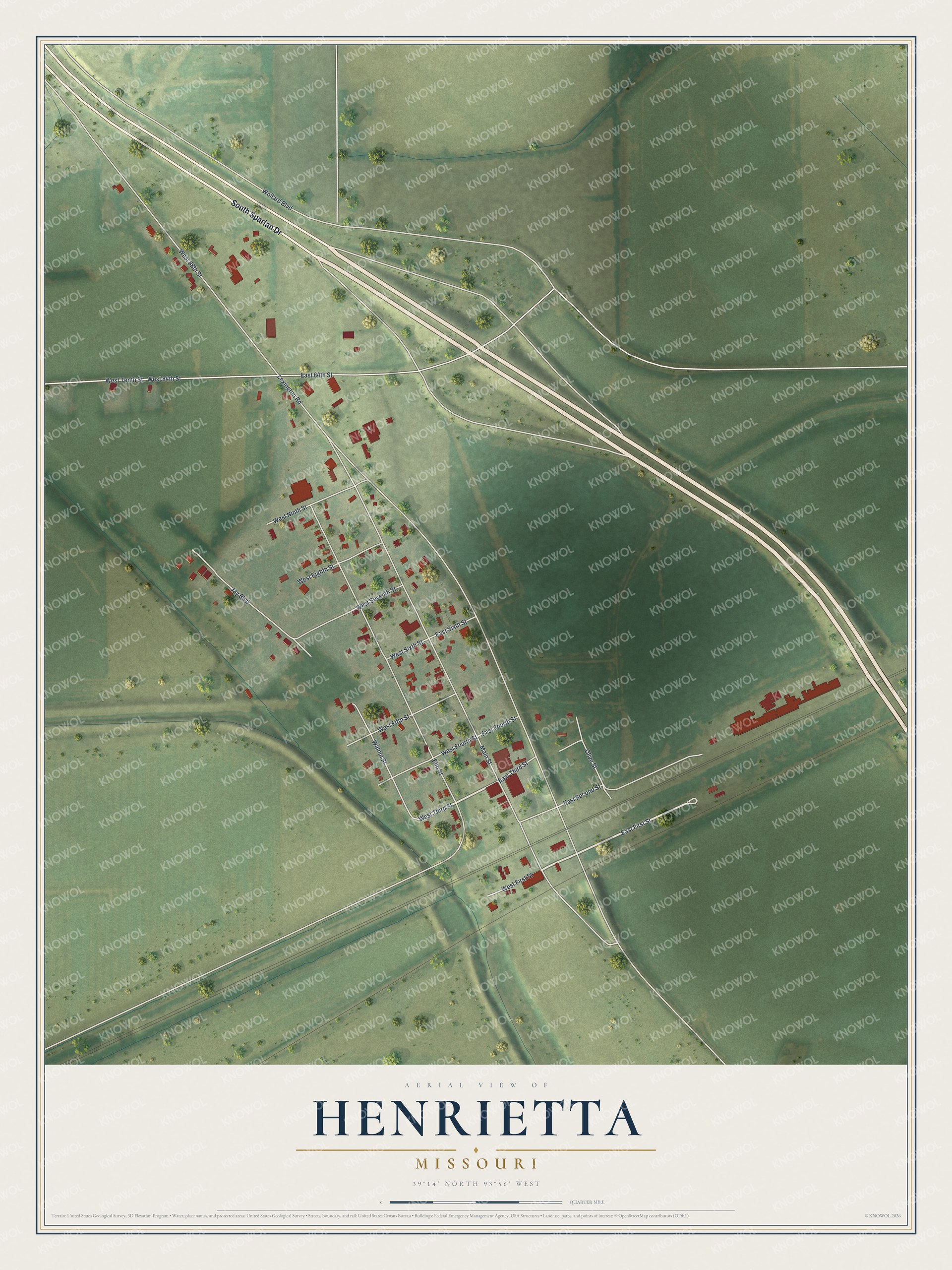 Full map of Henrietta, Missouri, with red buildings, printed street names and the land around them