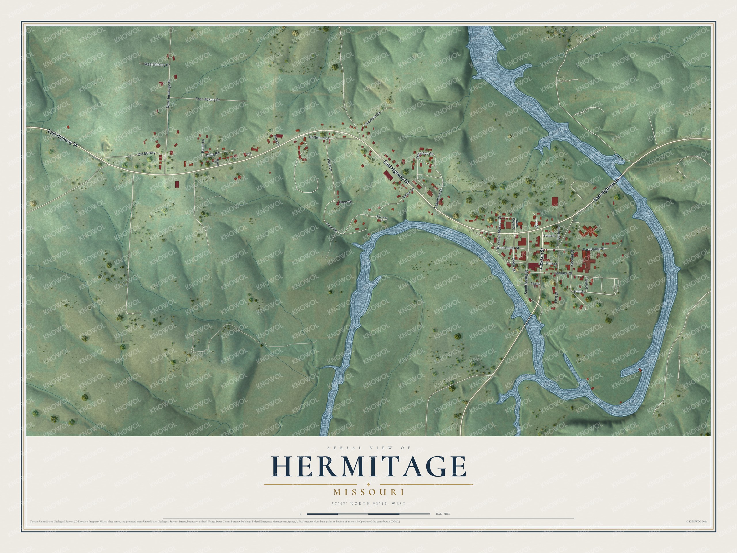 Map of Hermitage, Missouri with green hills, blue water curving around town, and red buildings along East Highway 54