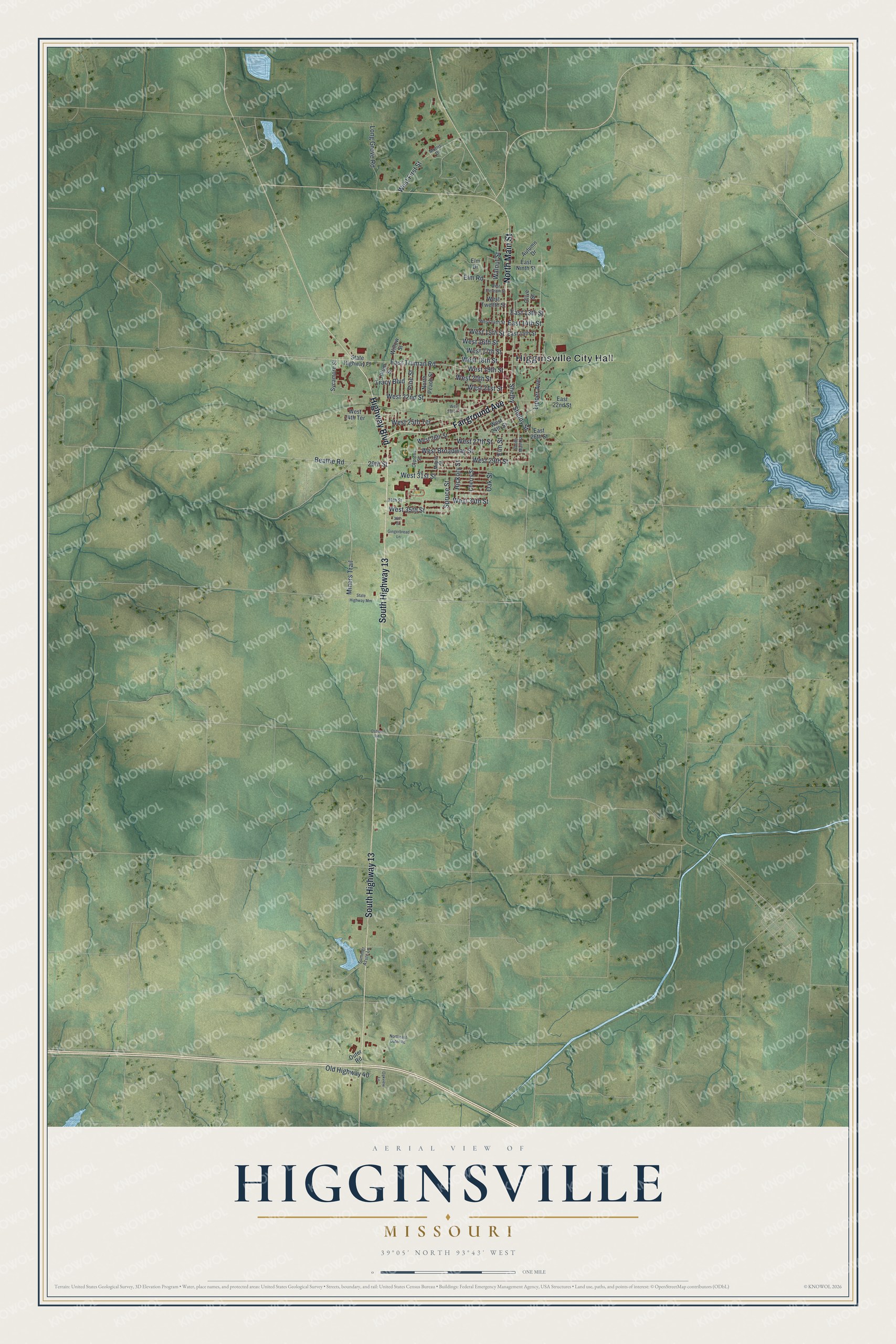 Full Higginsville map with red town buildings, green fields, blue streams, and a cream title panel beneath the aerial view