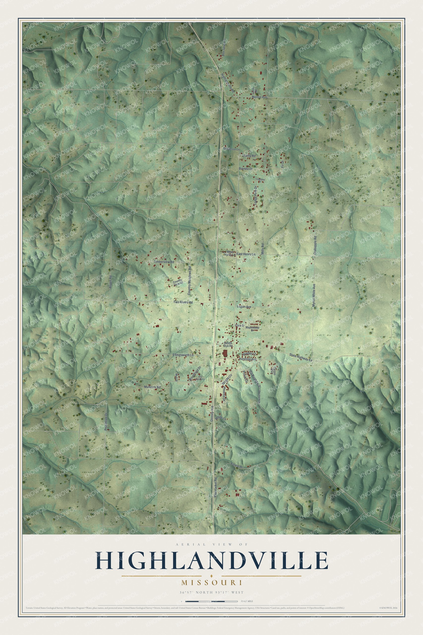 Full map of Highlandville, Missouri, with red buildings, printed street names and the land around them