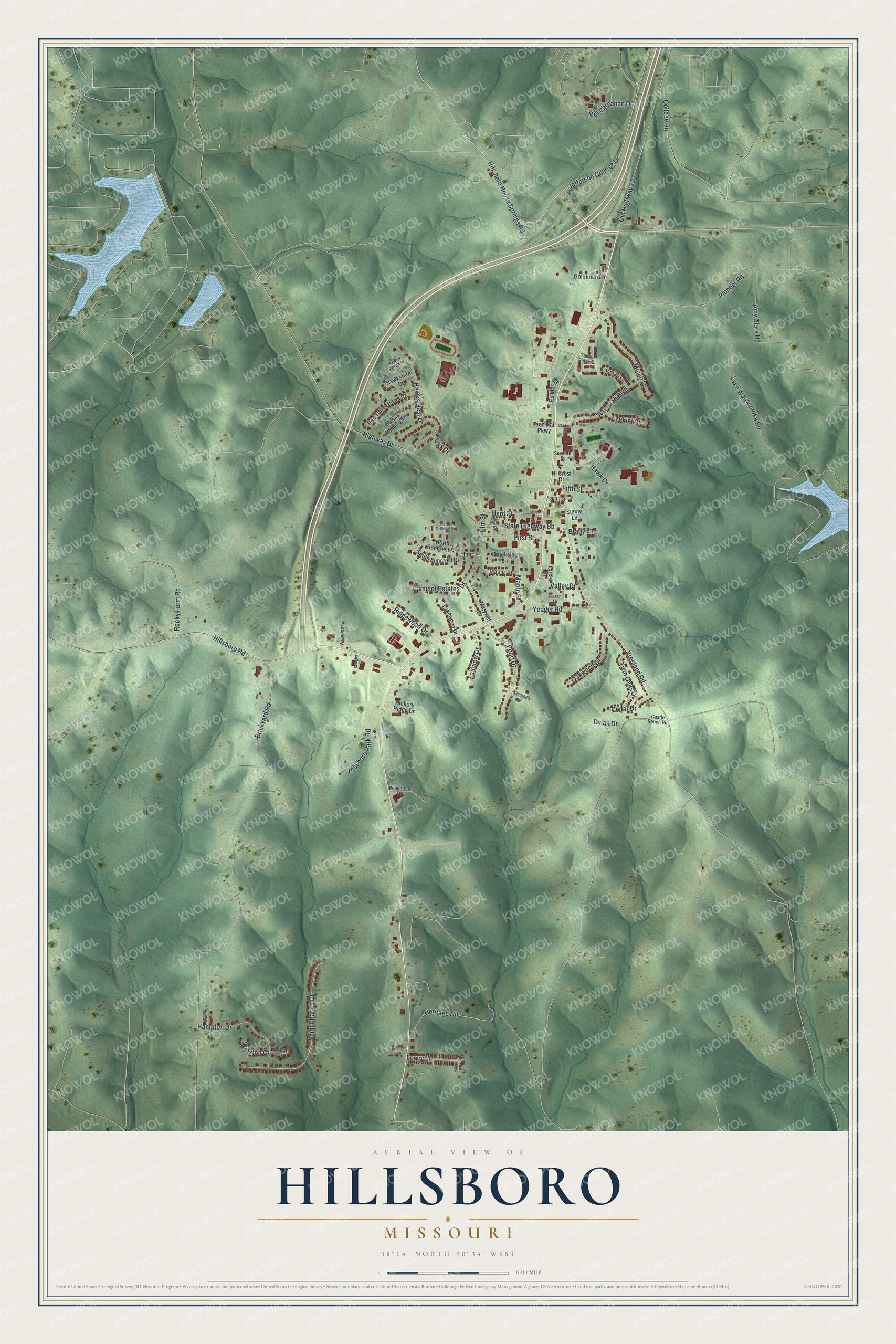 Aerial map of Hillsboro, Missouri with green shaded hills, red buildings in a central valley, a curving highway and blue lakes