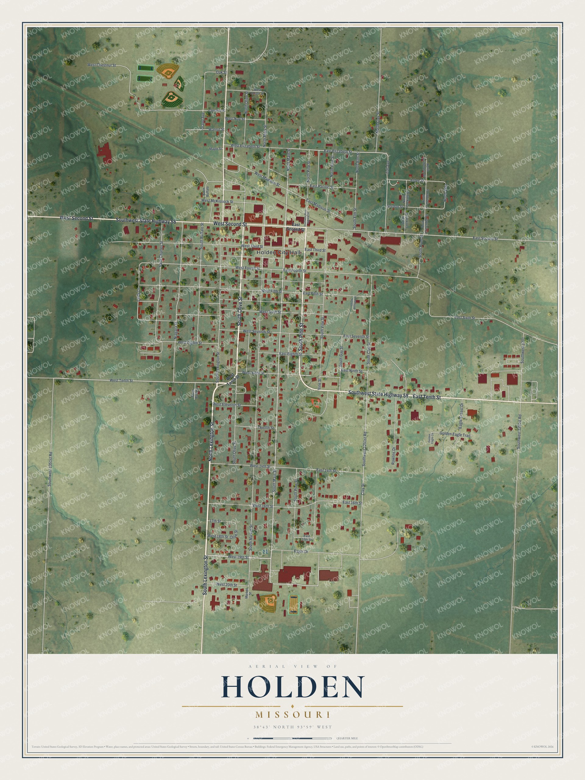 Full map of Holden, Missouri, with red buildings, printed street names and the land around them