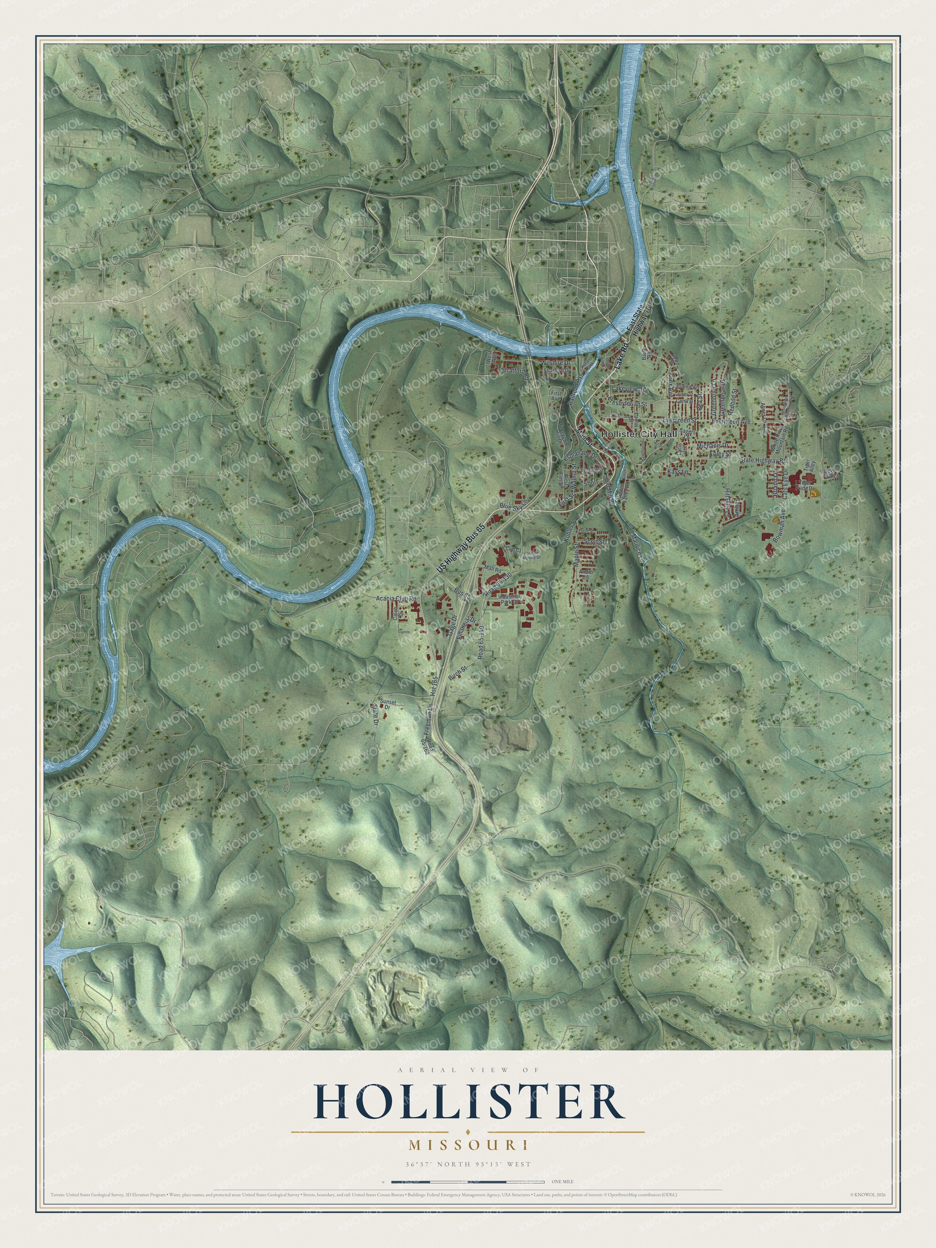 Aerial map of Hollister, Missouri, with green shaded hills, a winding blue river and red buildings around the town center