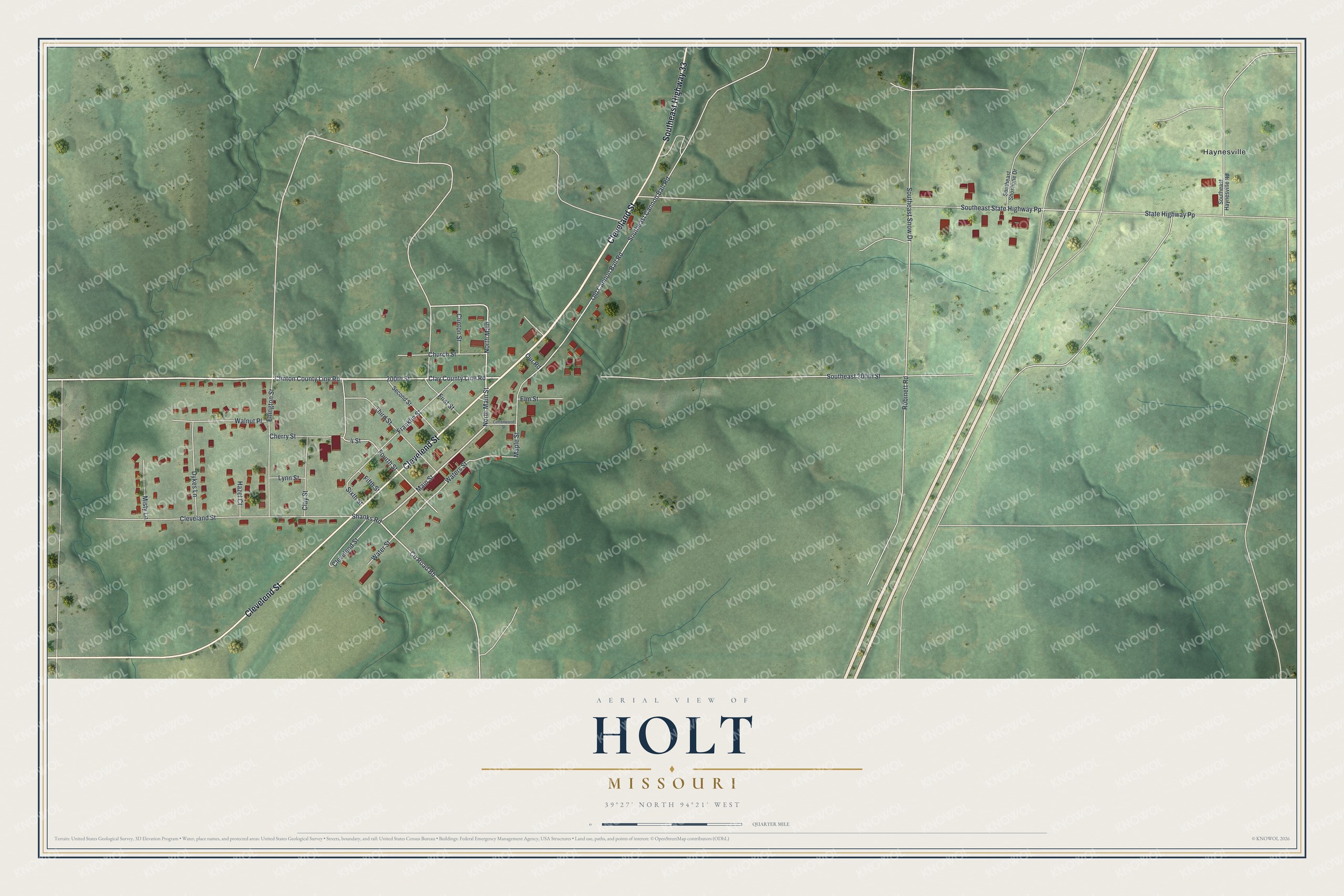 Aerial map of Holt, Missouri with red buildings along Cleveland Street, green hills, a divided highway and Haynesville at top right