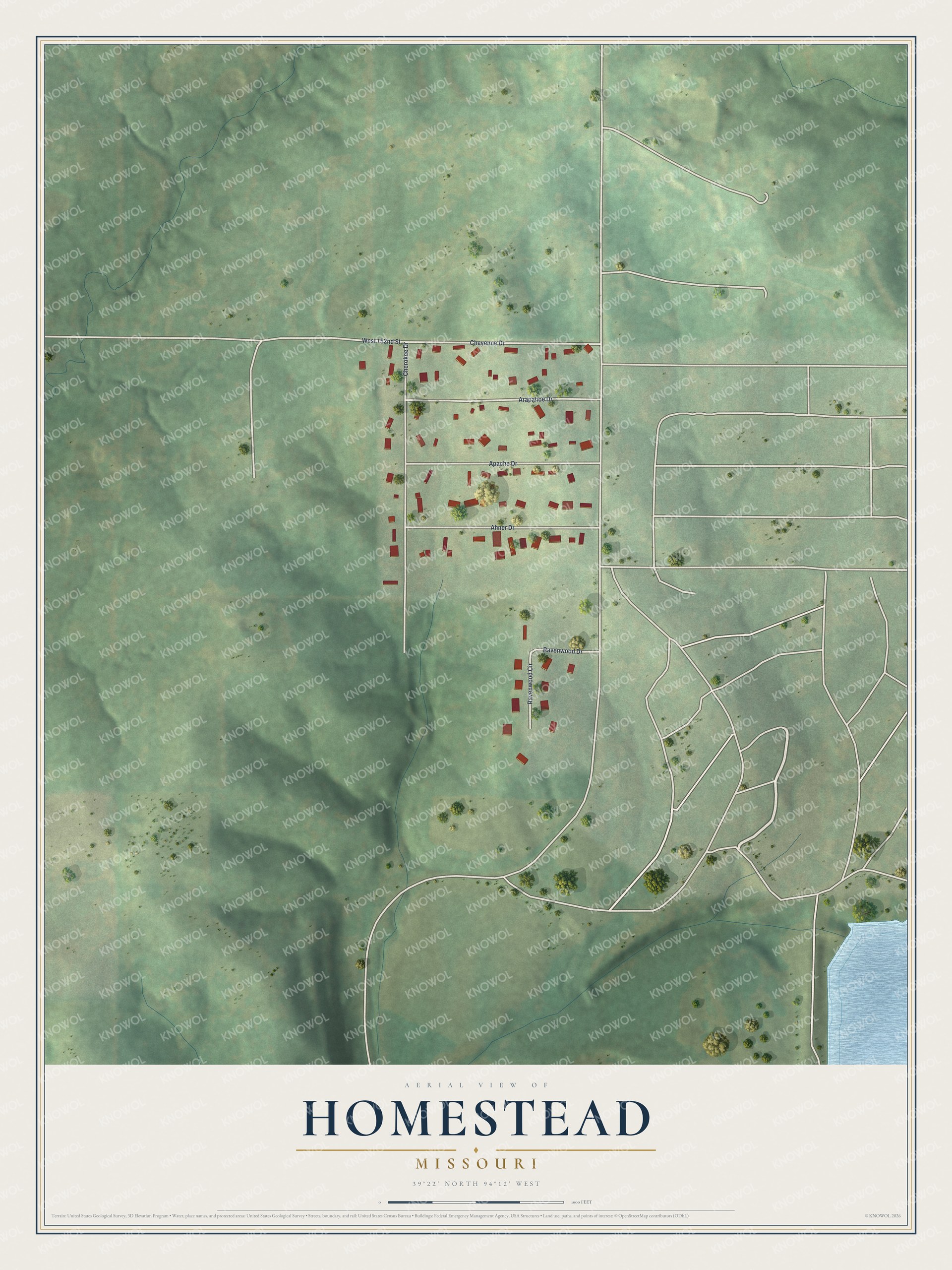 Full map of Homestead, Missouri, with red buildings, printed street names and the land around them