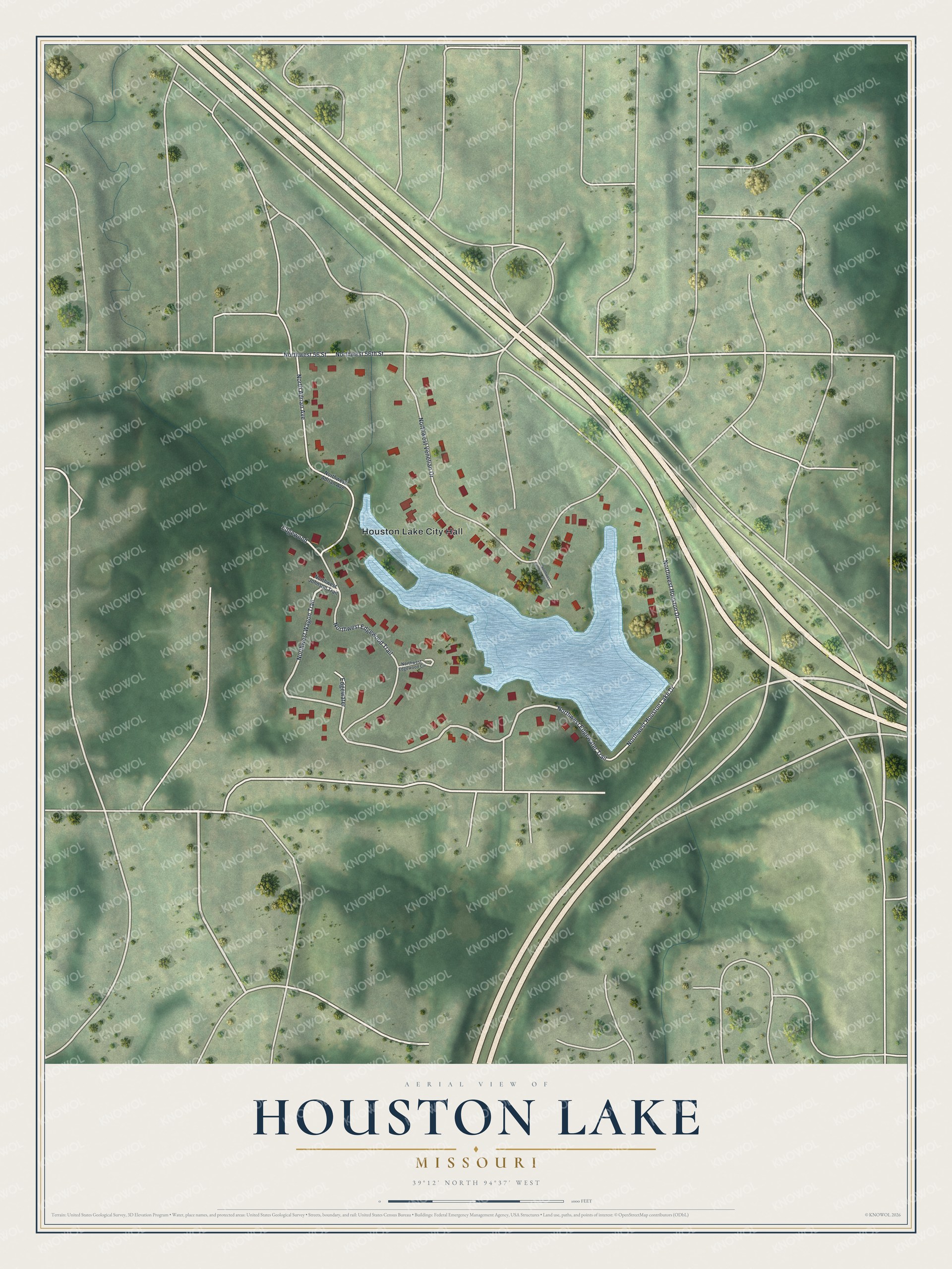 Full map of Houston Lake, Missouri, with red buildings, printed street names and the land around them