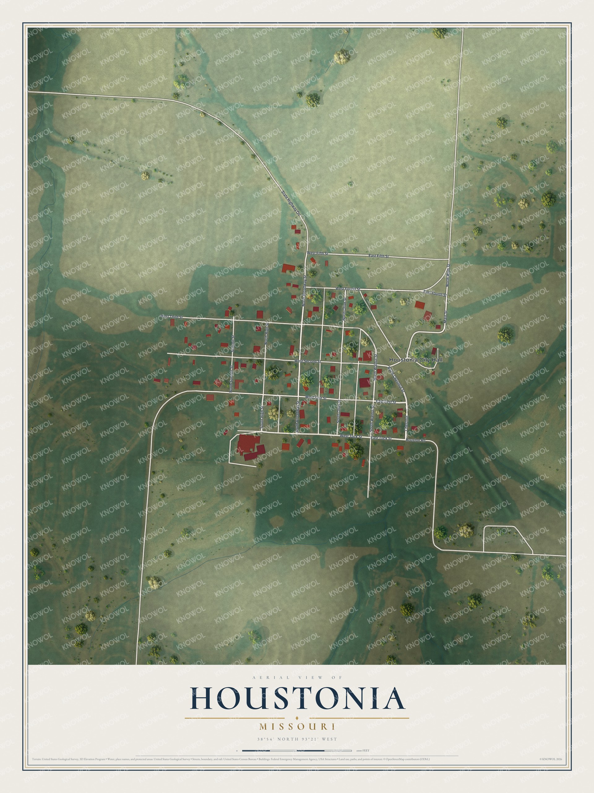 Full map of Houstonia, Missouri, with red buildings, printed street names and the land around them