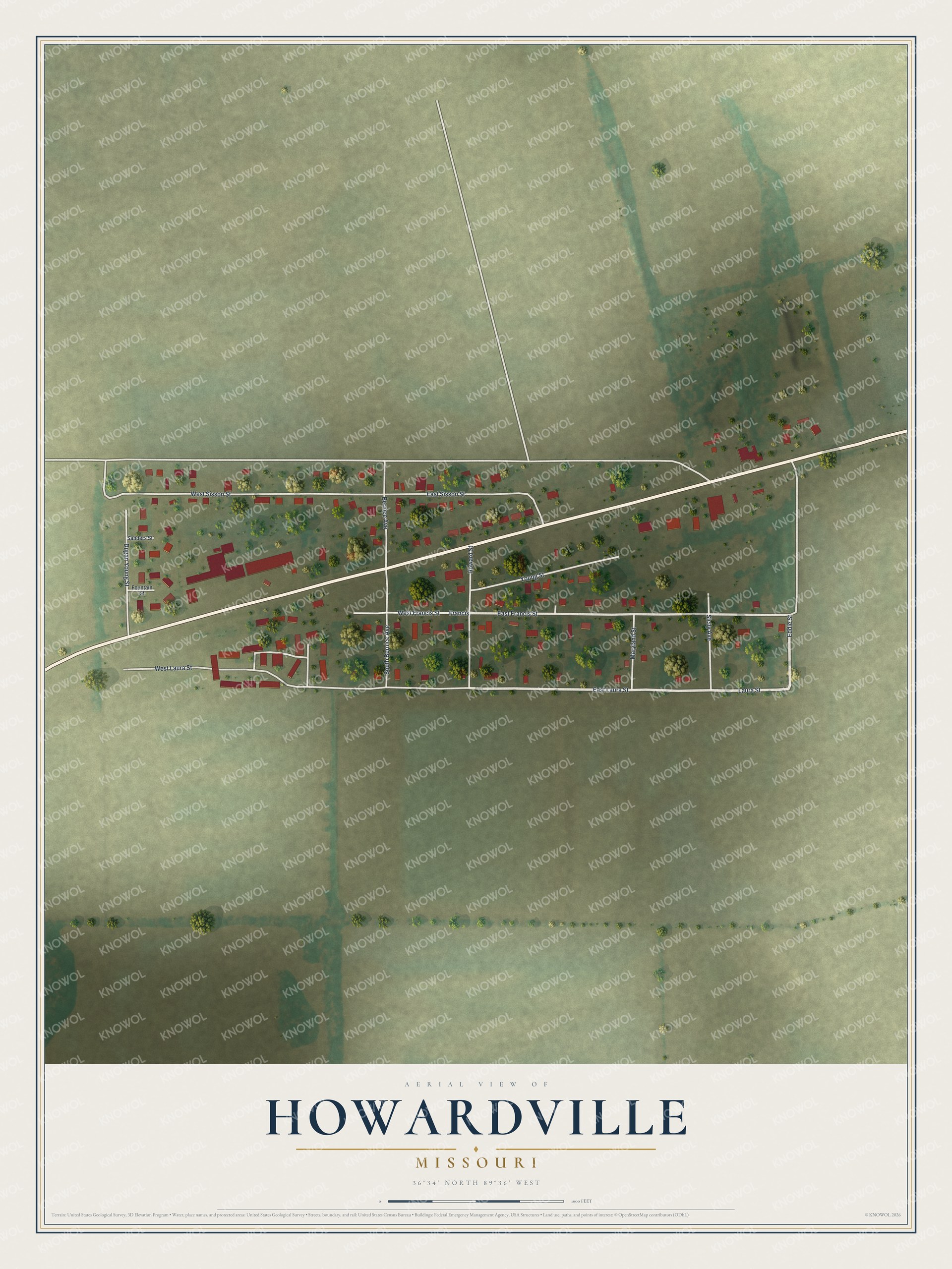 Full map of Howardville, Missouri, with red buildings, printed street names and the land around them