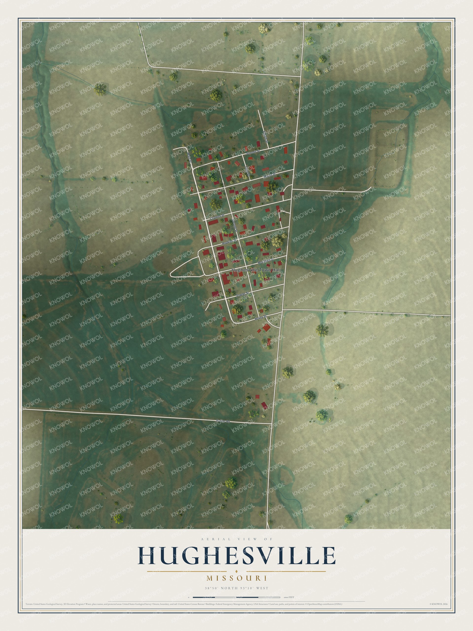 Full map of Hughesville, Missouri, with red buildings, printed street names and the land around them