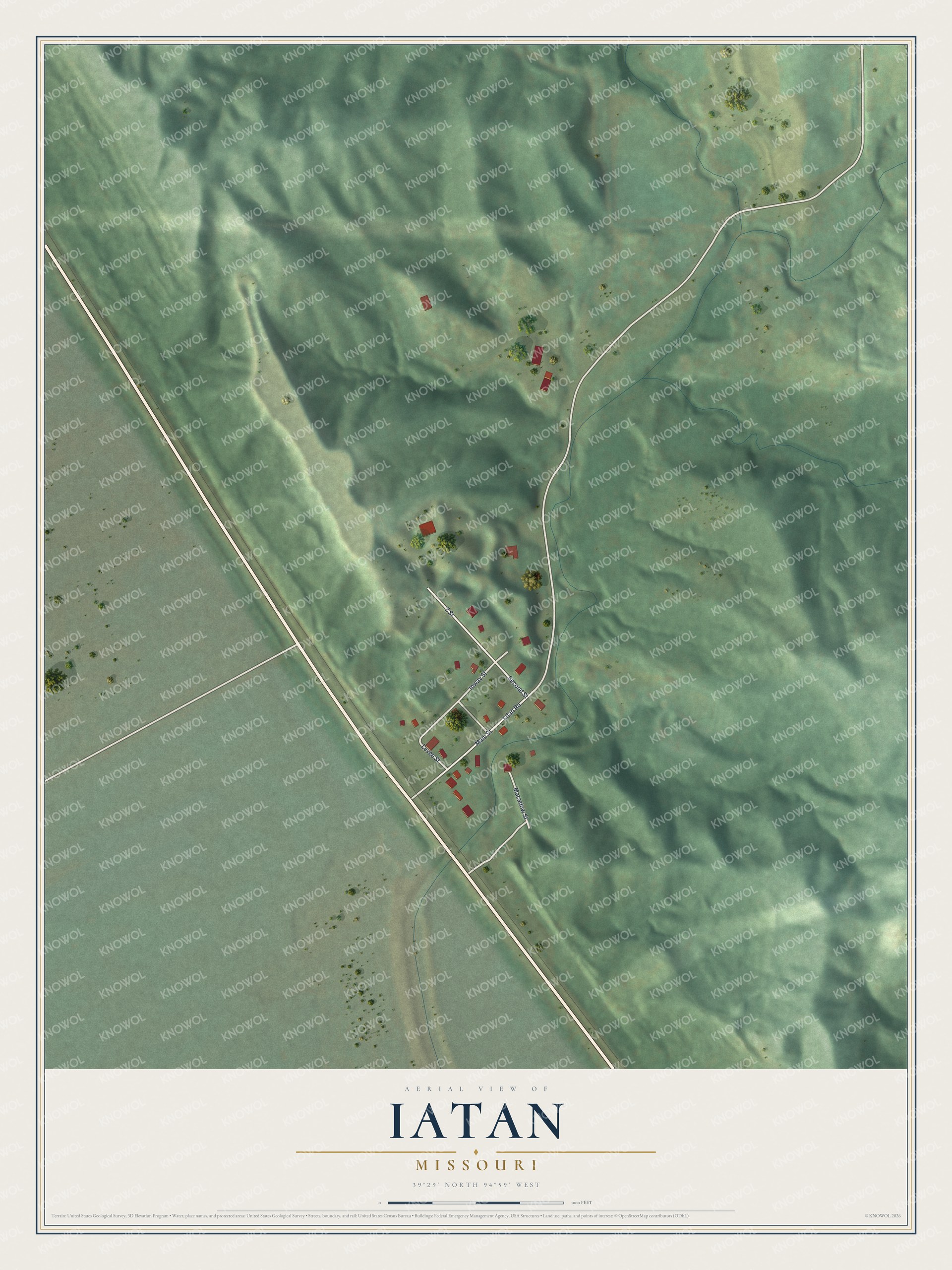 Full map of Iatan, Missouri, with red buildings, printed street names and the land around them