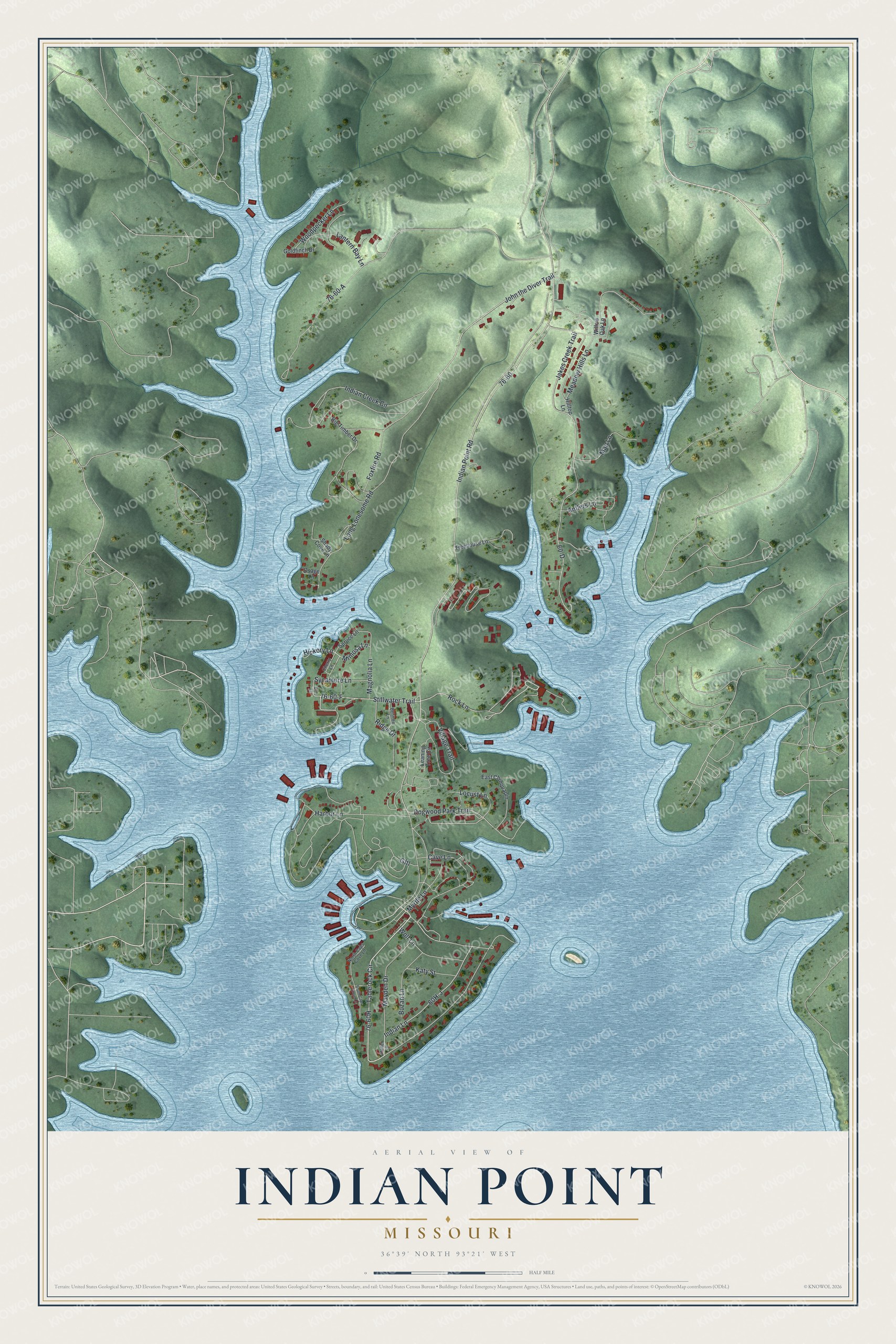 Full map of Indian Point, Missouri, with red buildings, printed street names and the land around them