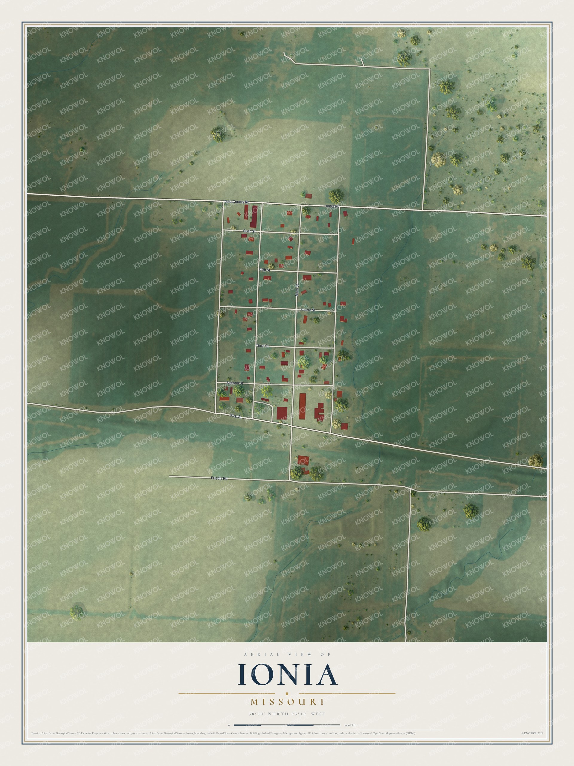 Full map of Ionia, Missouri, with red buildings, printed street names and the land around them