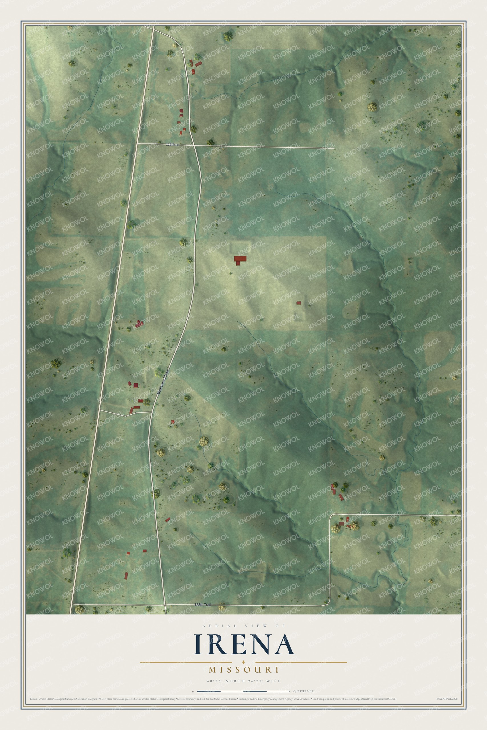 Full map of Irena, Missouri, with red buildings, printed street names and the land around them