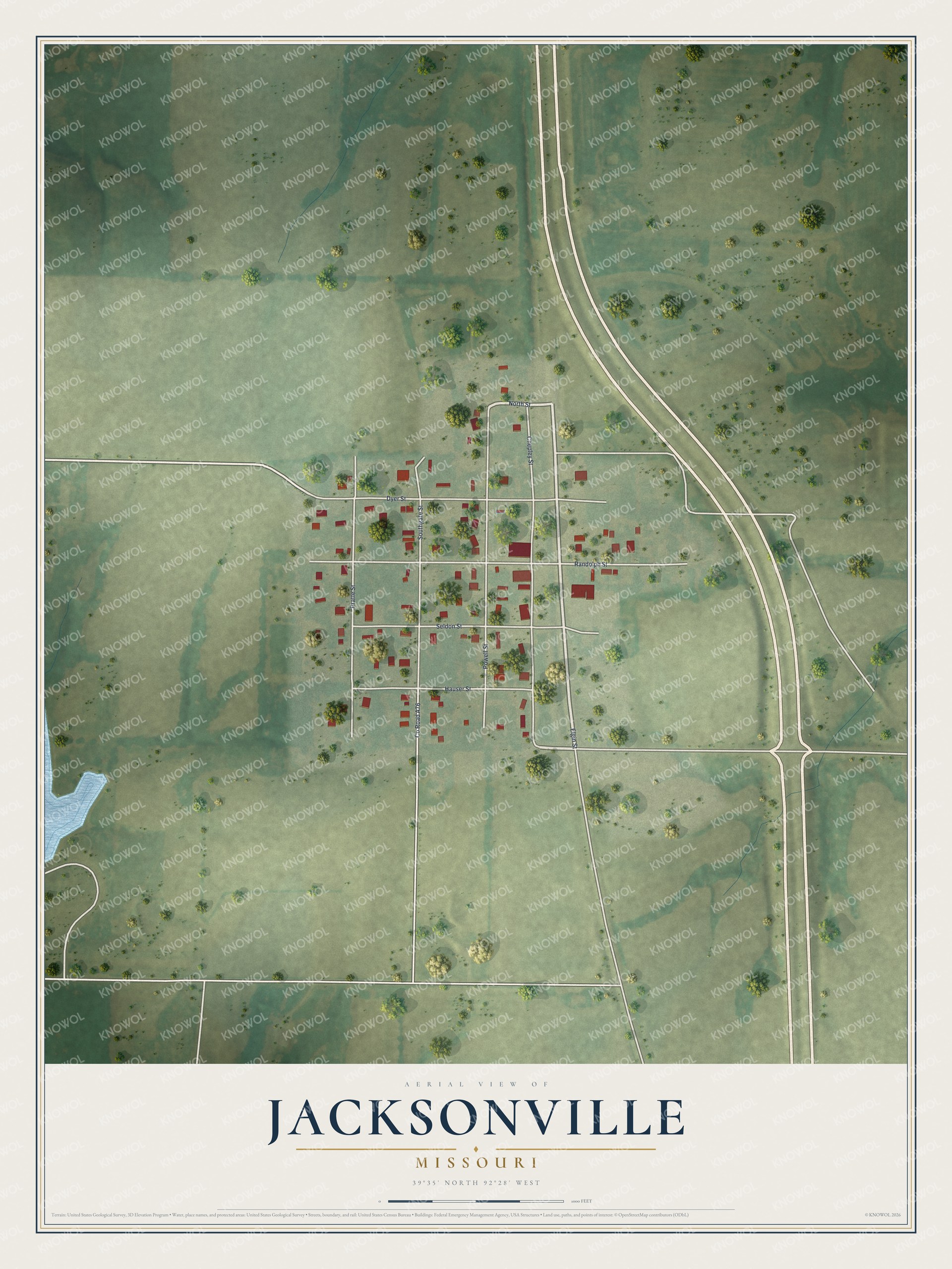 Full map of Jacksonville, Missouri, with red buildings, printed street names and the land around them
