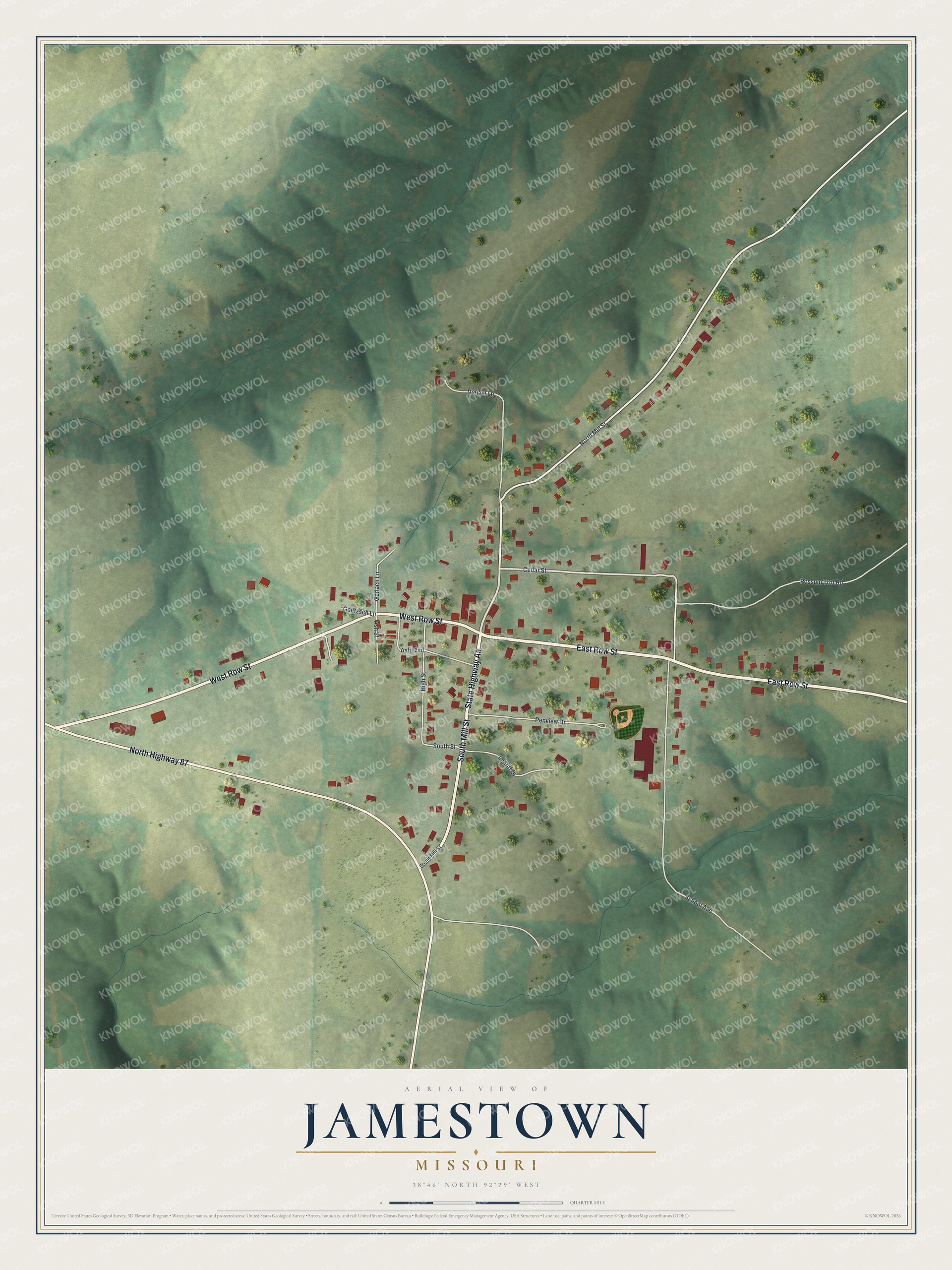 Full map of Jamestown, Missouri, with red buildings, printed street names and the land around them