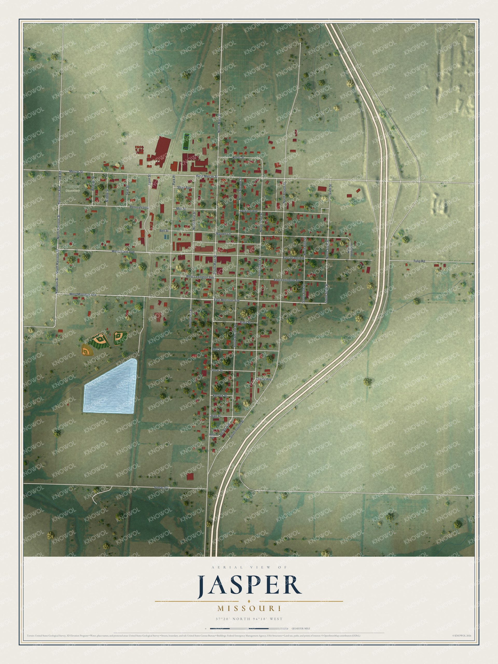 Full map of Jasper, Missouri, with red buildings, printed street names and the land around them
