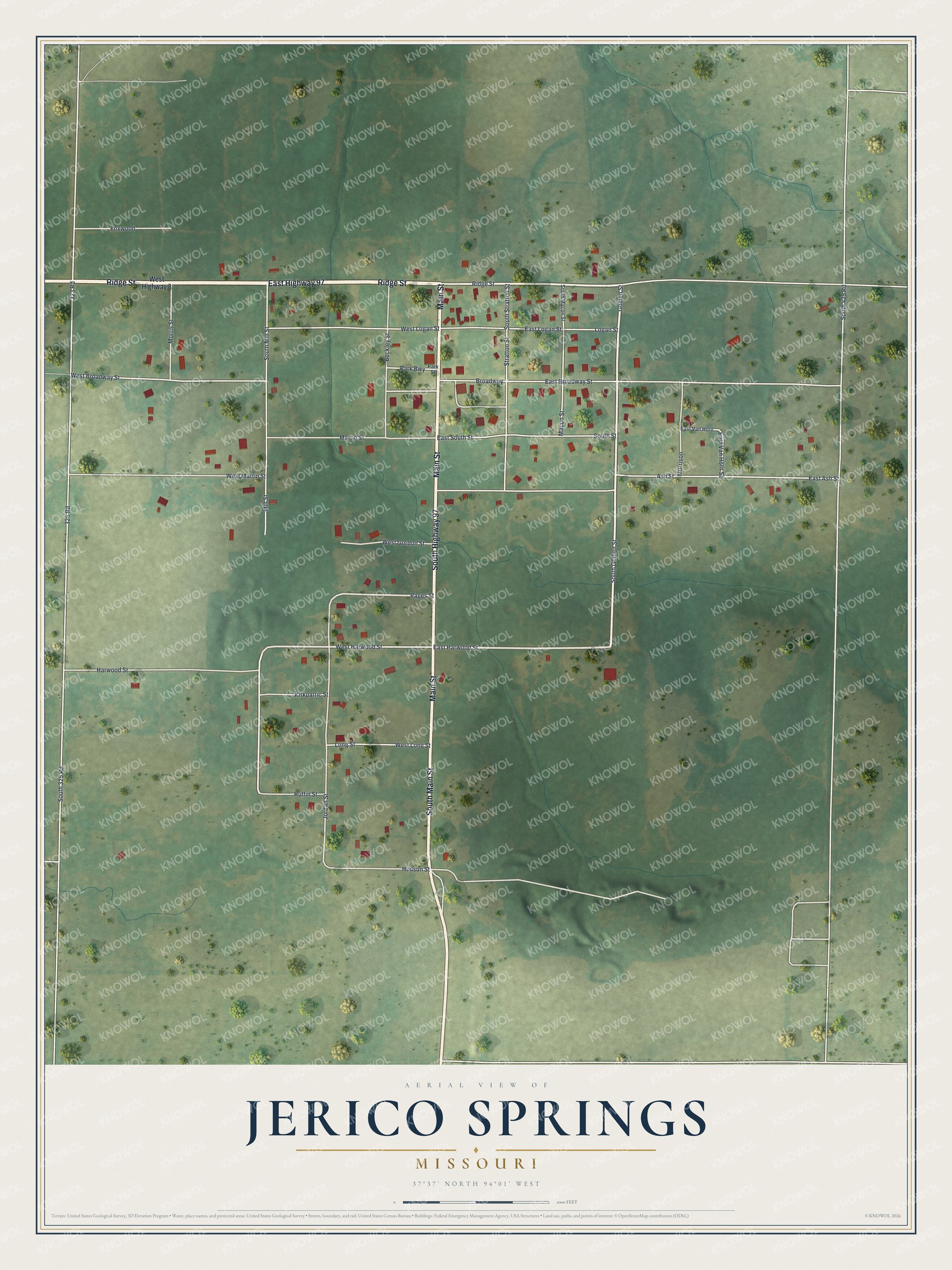 Full map of Jerico Springs, Missouri, with red buildings, printed street names and the land around them