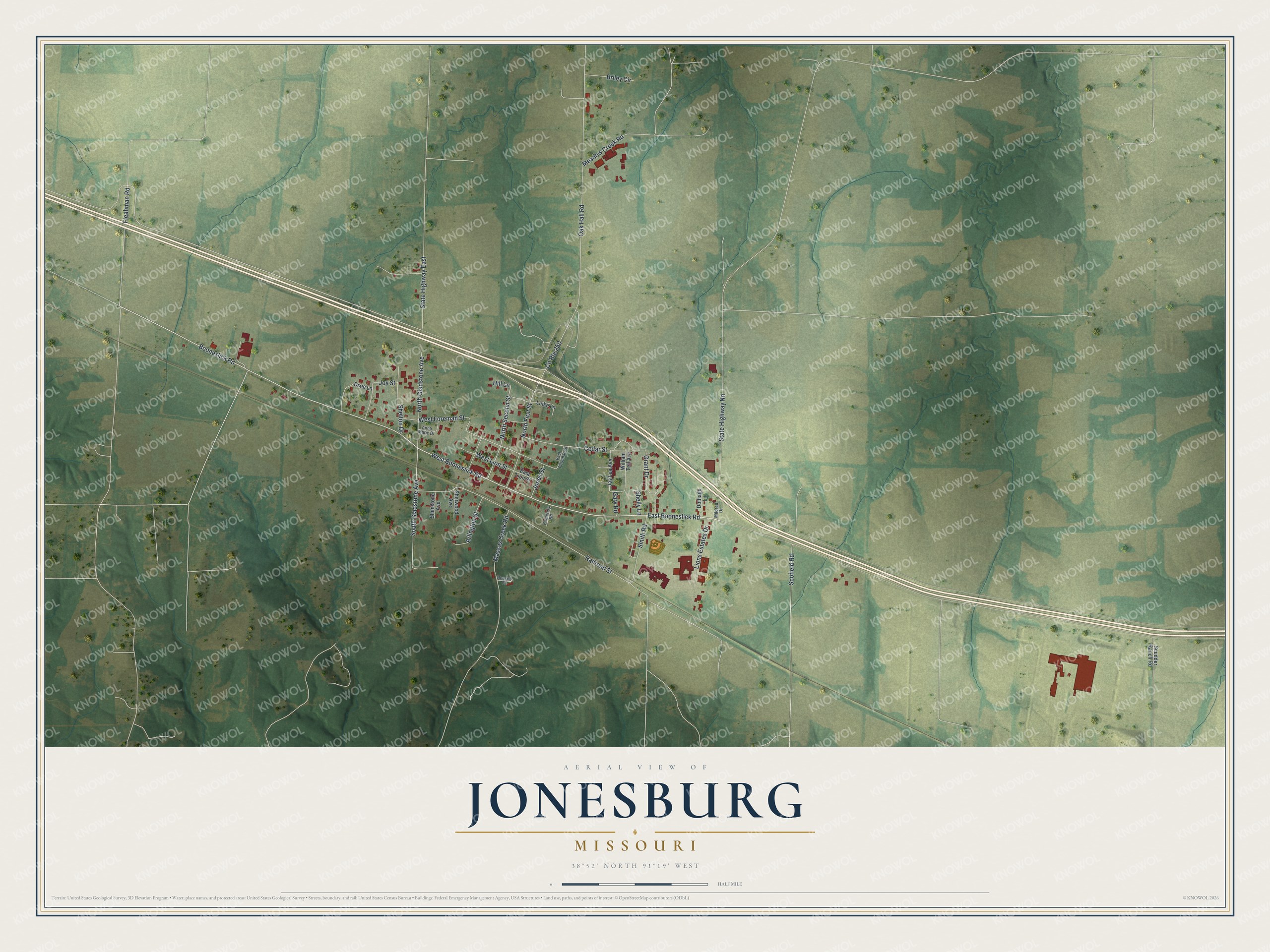 Full map of Jonesburg, Missouri, with red buildings, printed street names and the land around them
