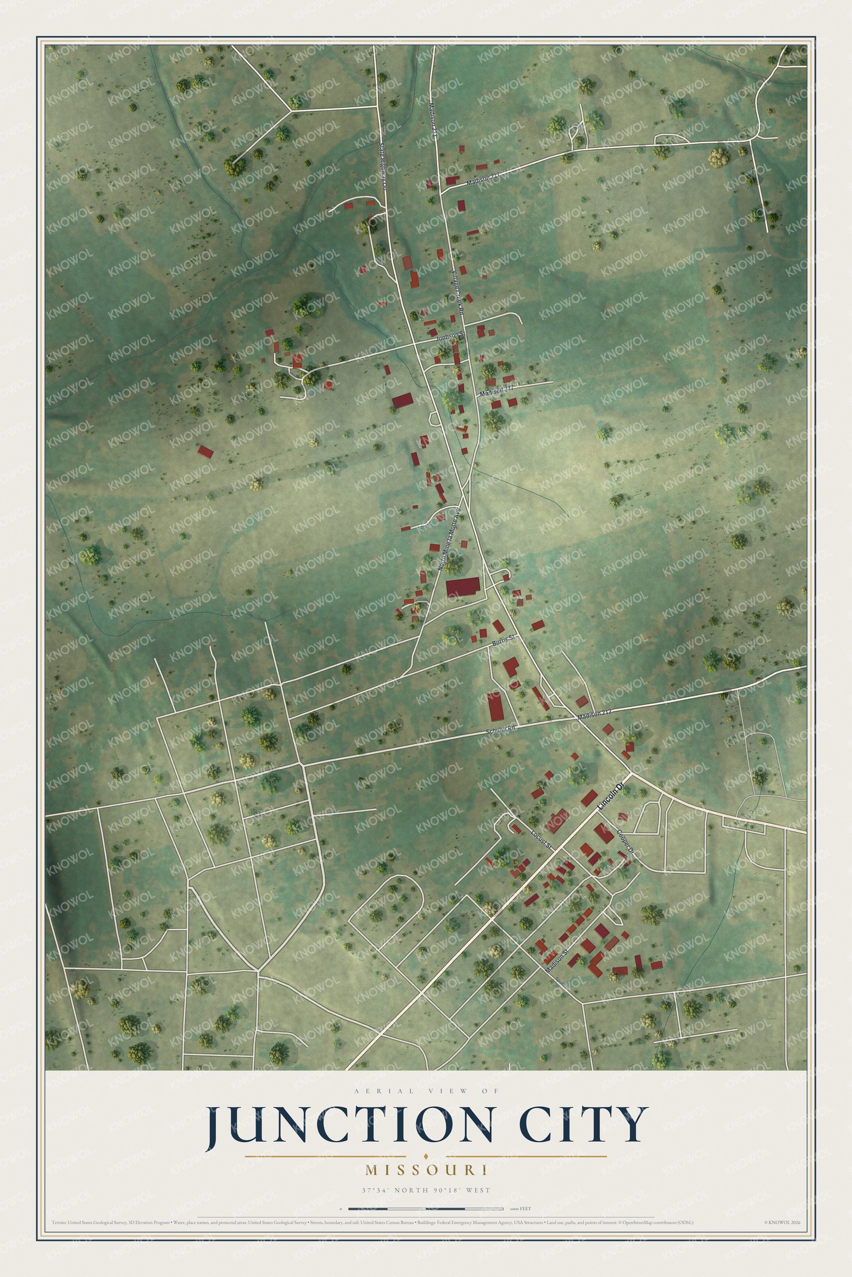Full map of Junction City, Missouri, with red buildings, printed street names and the land around them