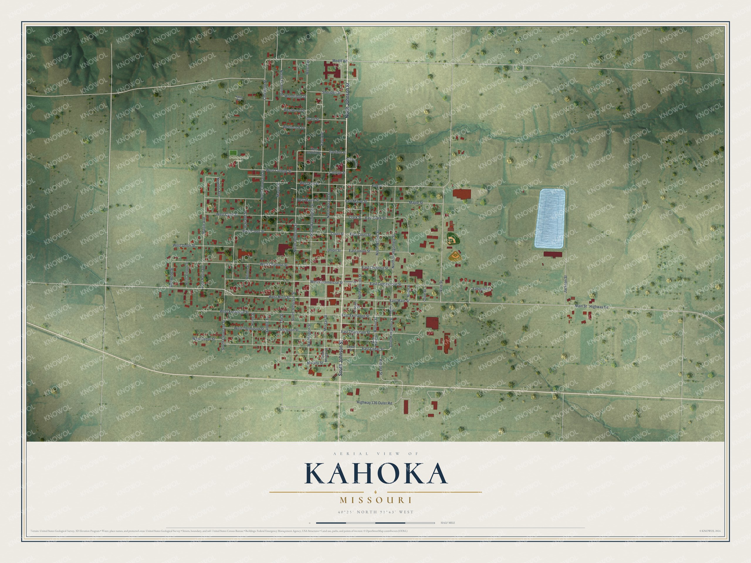 Full map of Kahoka, Missouri, with red buildings, printed street names and the land around them