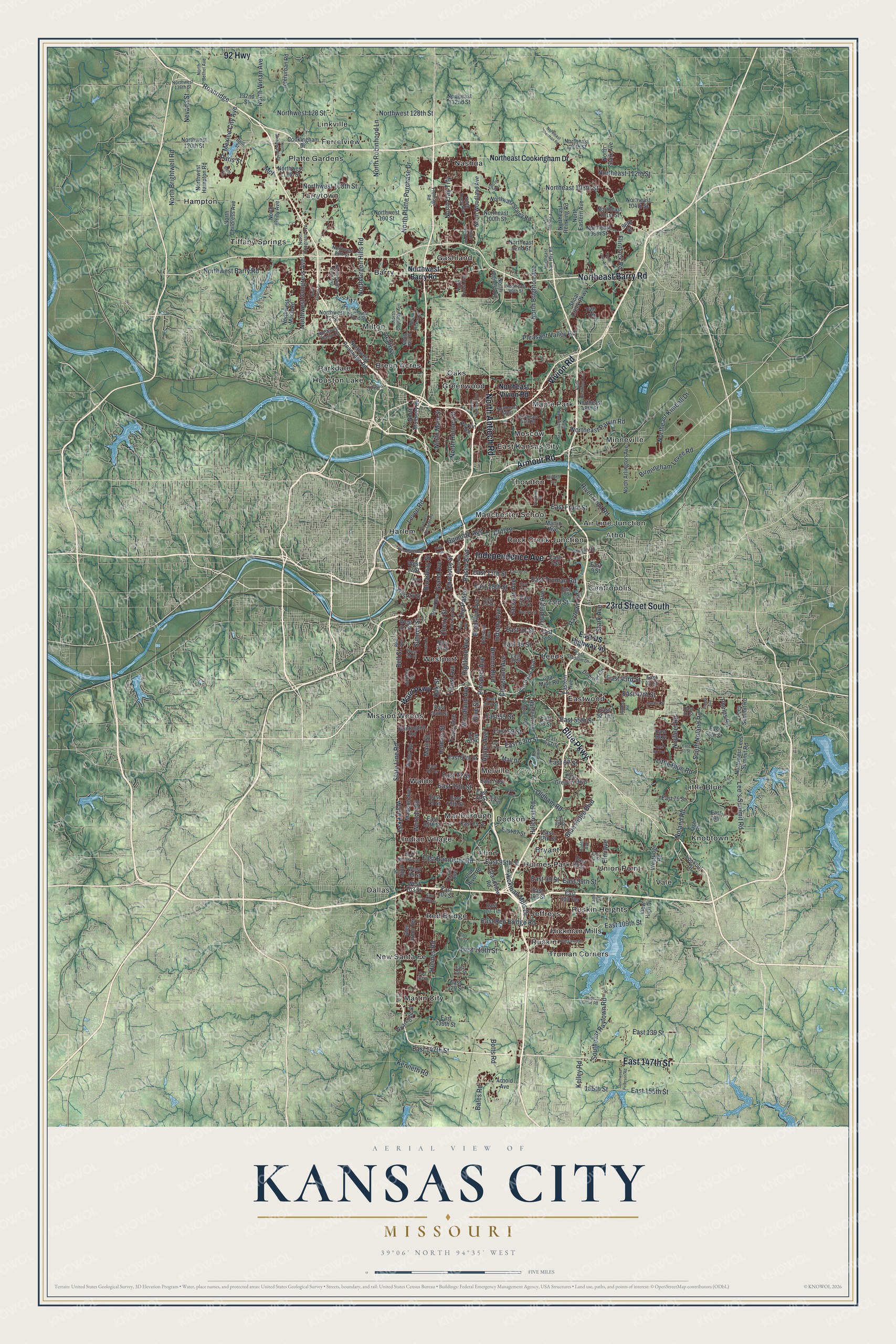 Aerial view map of Kansas City, Missouri with green shaded hills, two blue rivers and dark red city blocks above a cream title panel