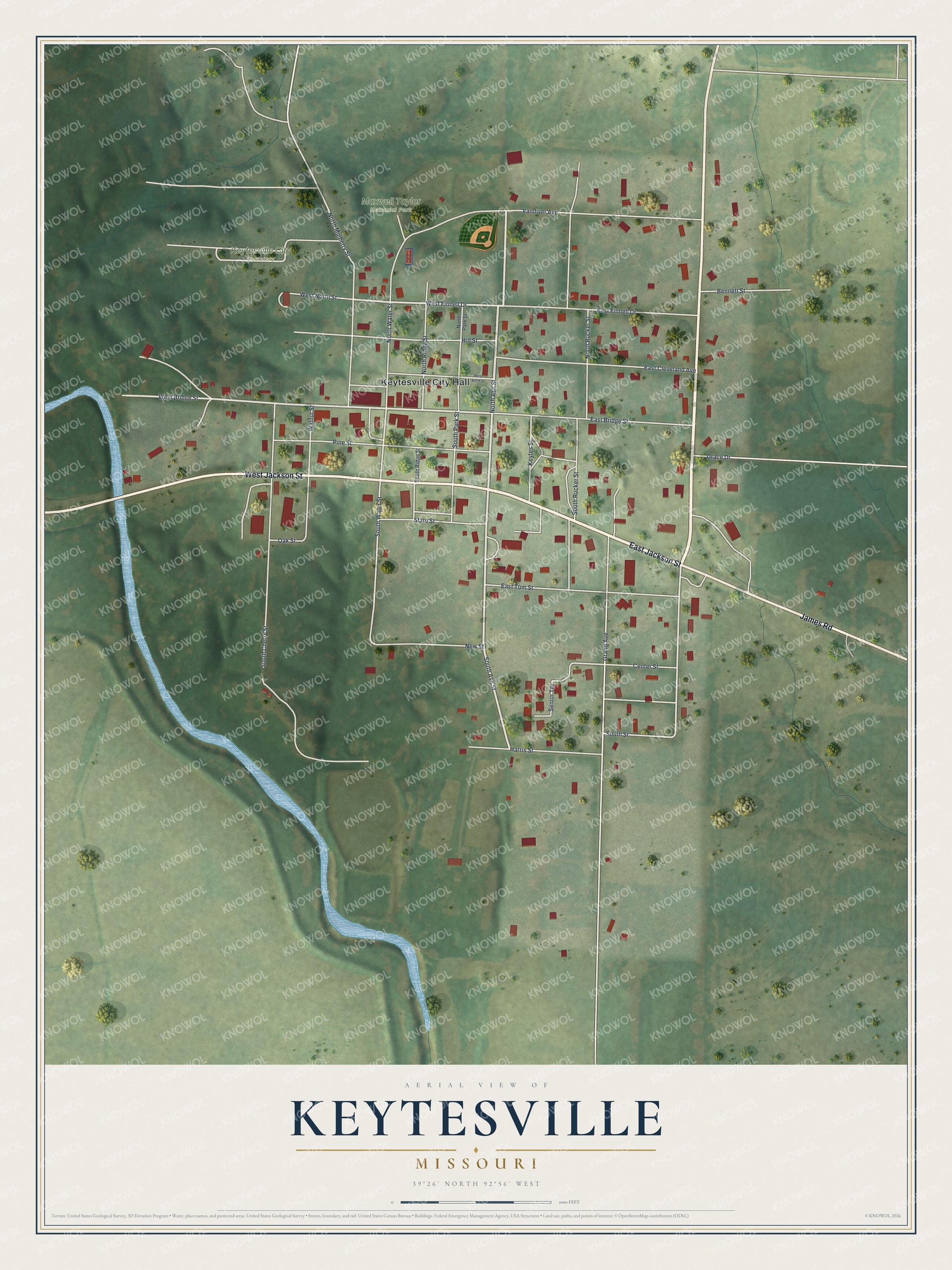 Full map of Keytesville, Missouri, with red buildings, printed street names and the land around them