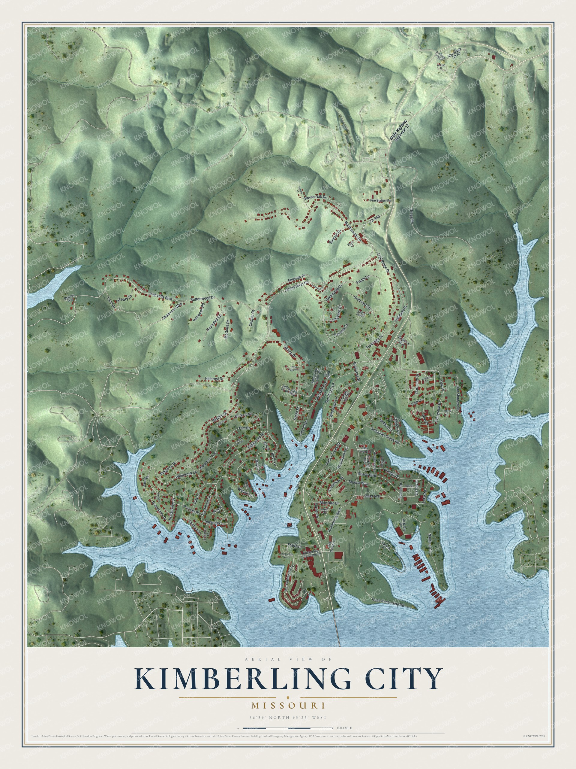 Full map of Kimberling City, Missouri, with red buildings, printed street names and the land around them