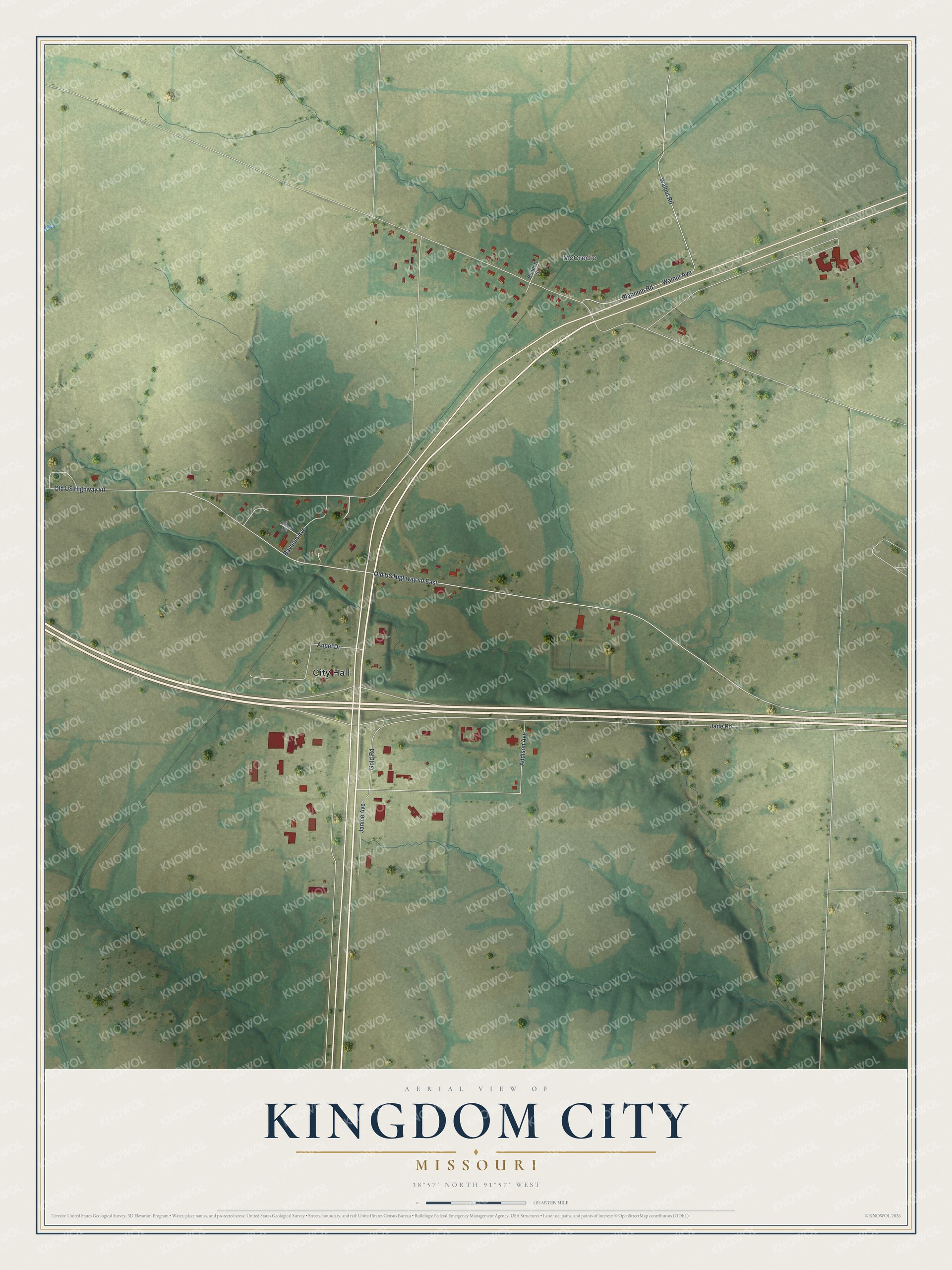 Full map of Kingdom City, Missouri, with red buildings, printed street names and the land around them