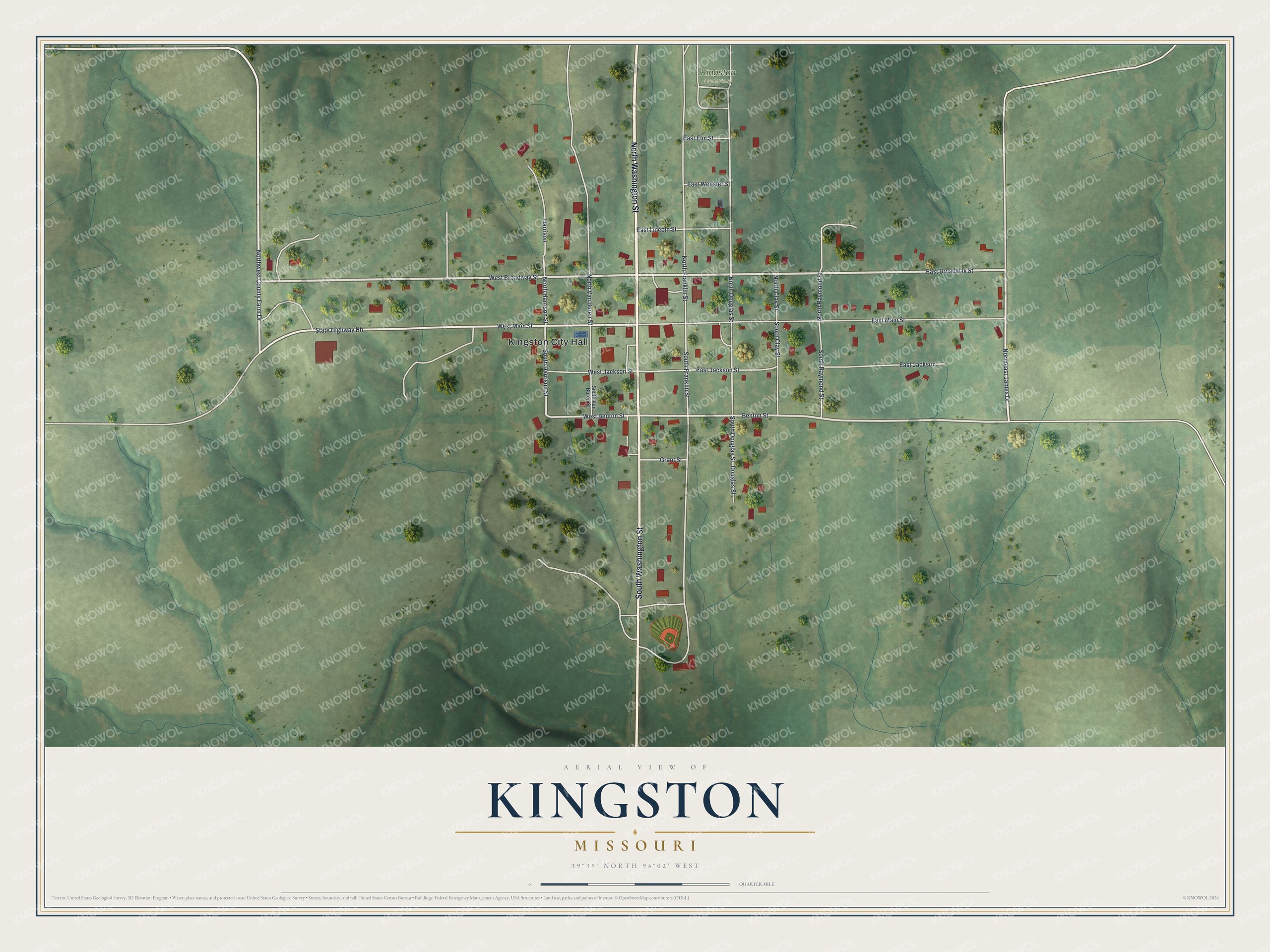 Aerial view map of Kingston, Missouri with a small street grid, red buildings and green rolling hills