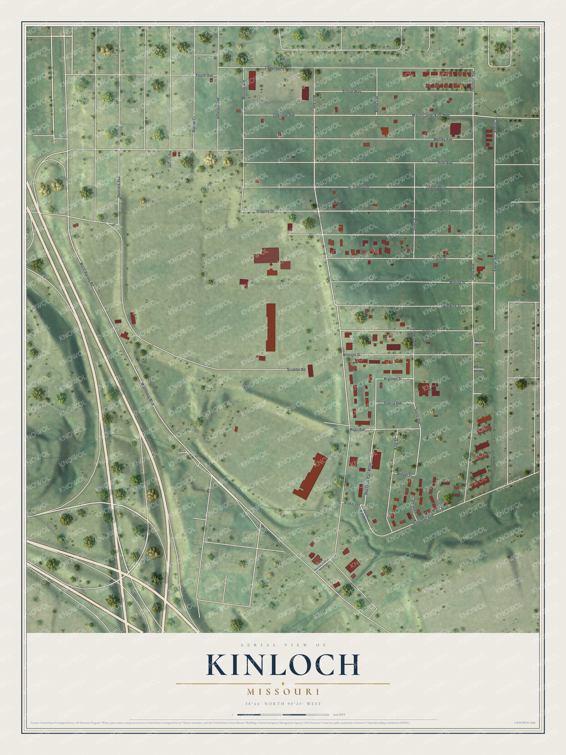 Full map of Kinloch, Missouri, with red buildings, printed street names and the land around them
