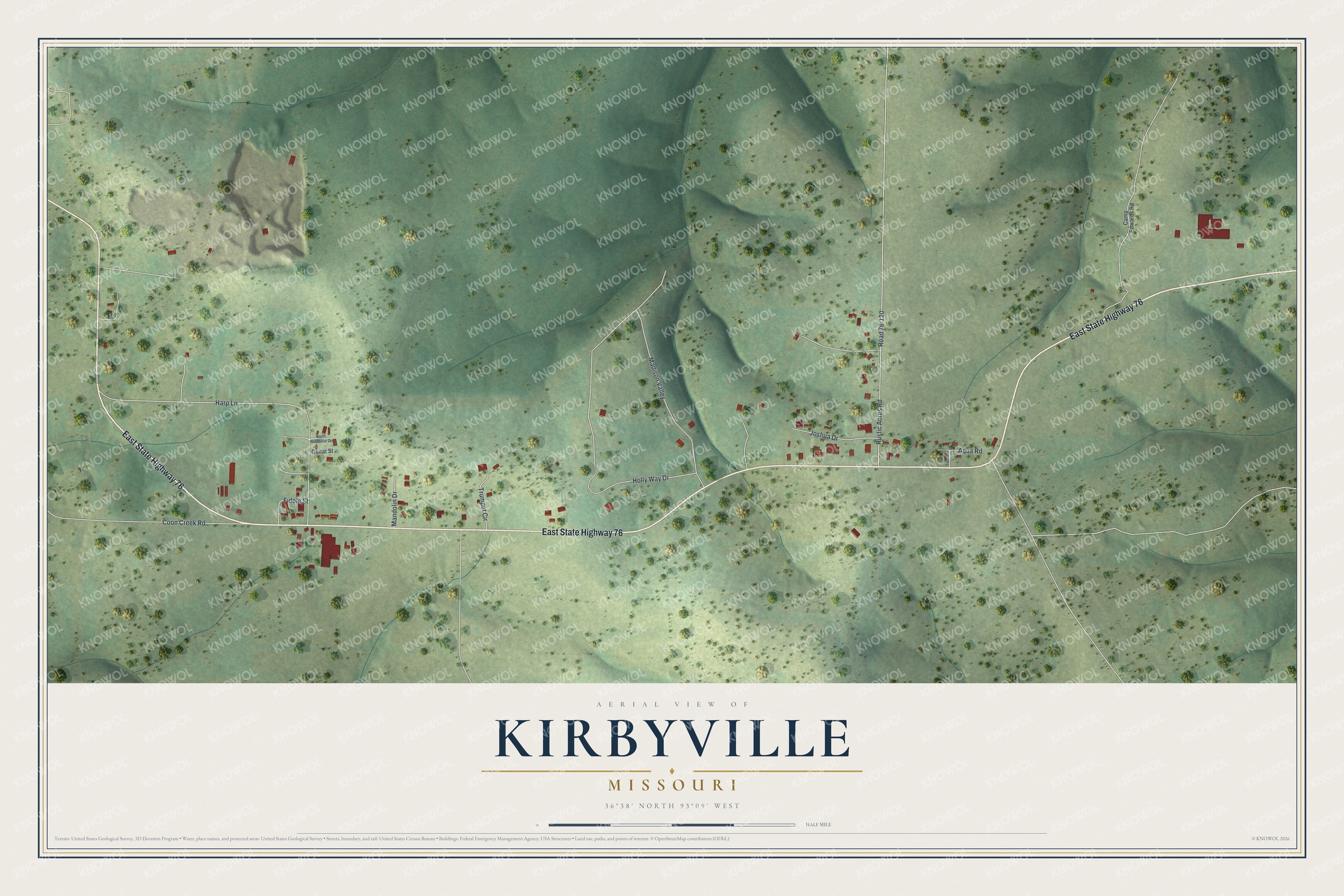 Full map of Kirbyville, Missouri, with red buildings, printed street names and the land around them