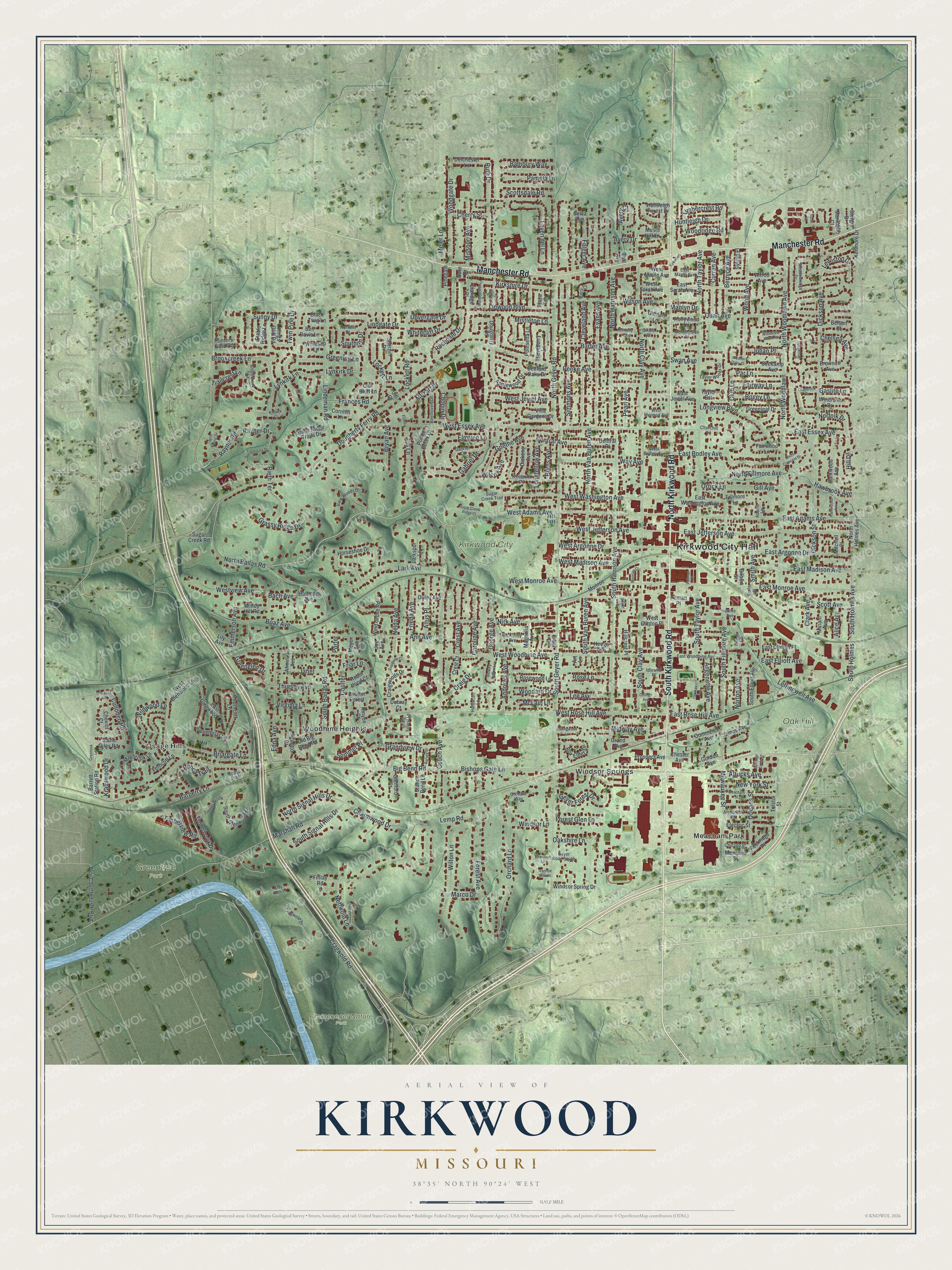 Aerial view map of Kirkwood, Missouri with green shaded hills, red buildings, a rail line and a blue river in the lower left