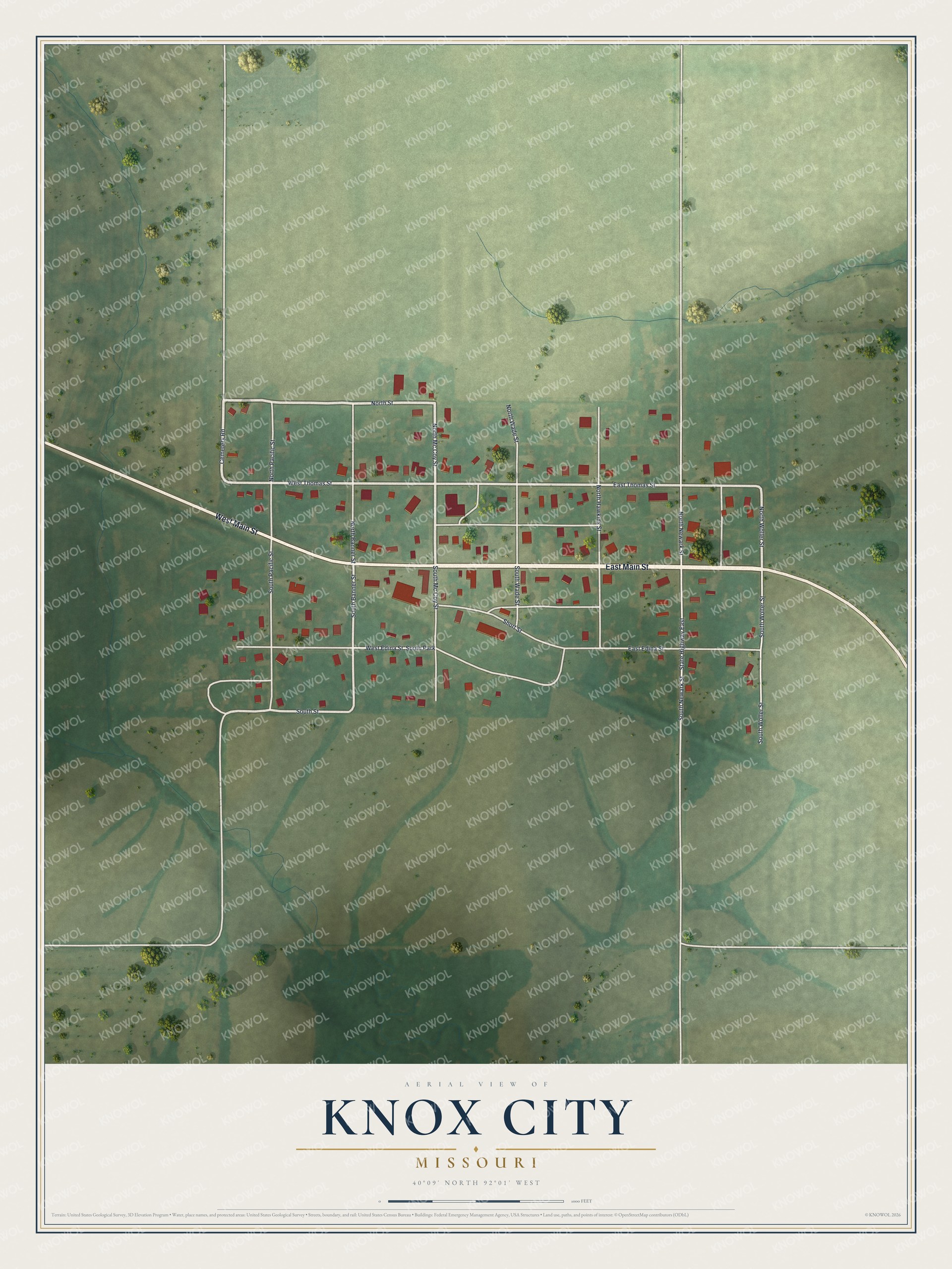 Full map of Knox City, Missouri, with red buildings, printed street names and the land around them