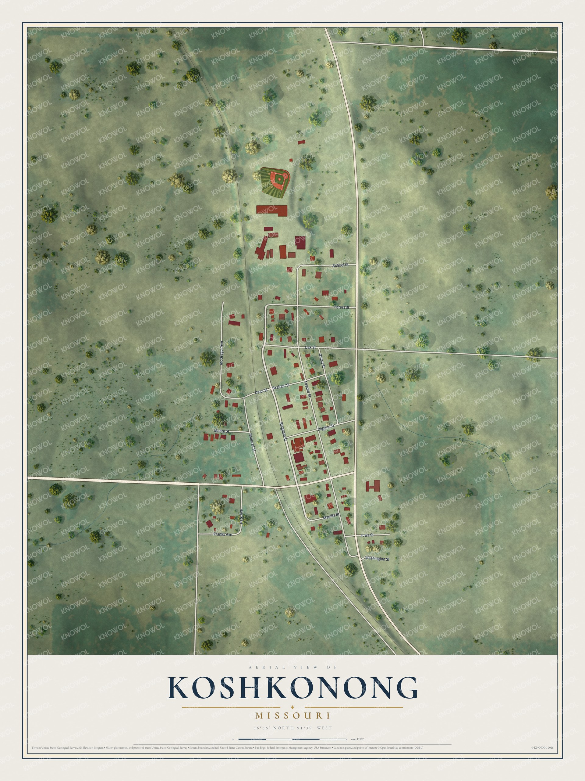 Full map of Koshkonong, Missouri, with red buildings, printed street names and the land around them