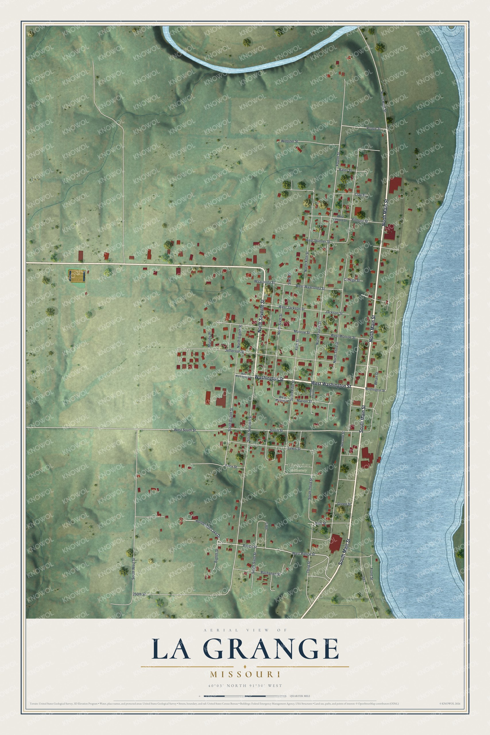 Aerial map of La Grange, Missouri, with red buildings and white streets between green hills and a wide blue river