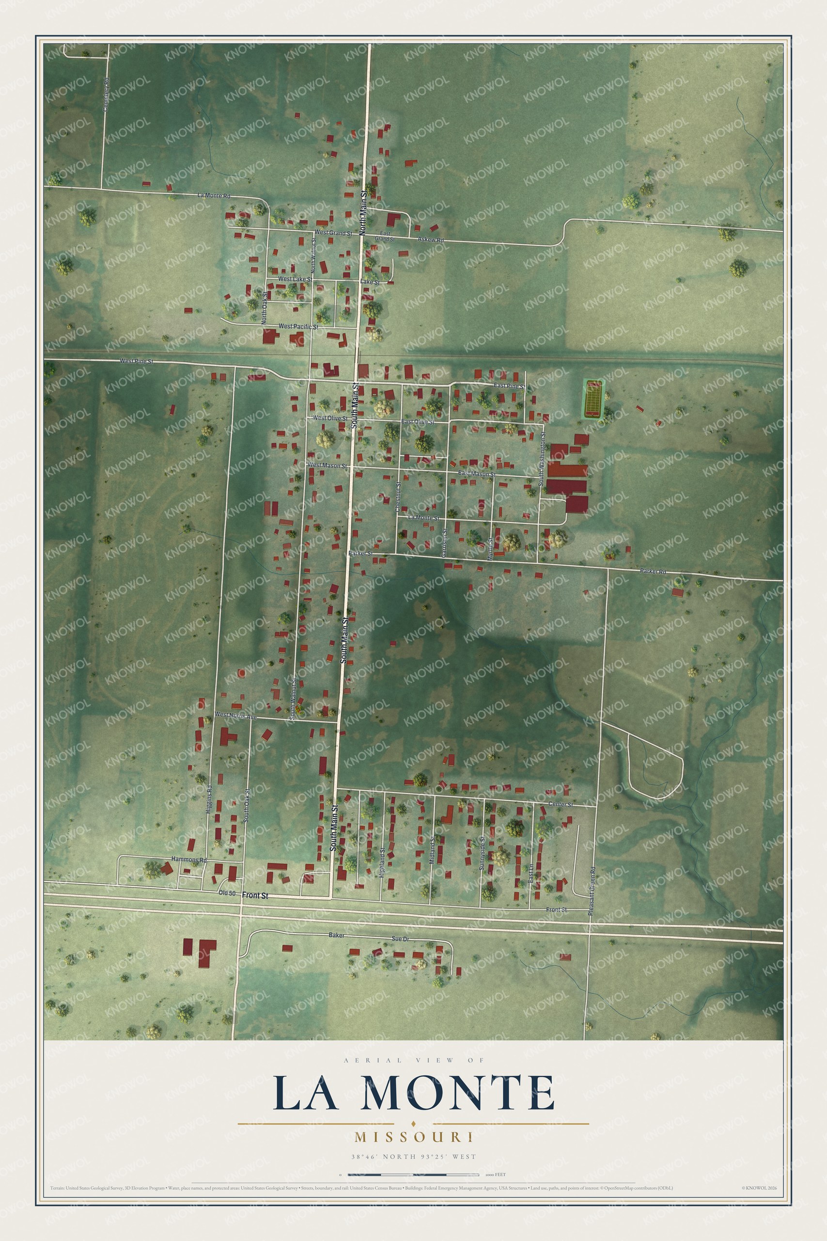 Full map of La Monte, Missouri, with red buildings, printed street names and the land around them