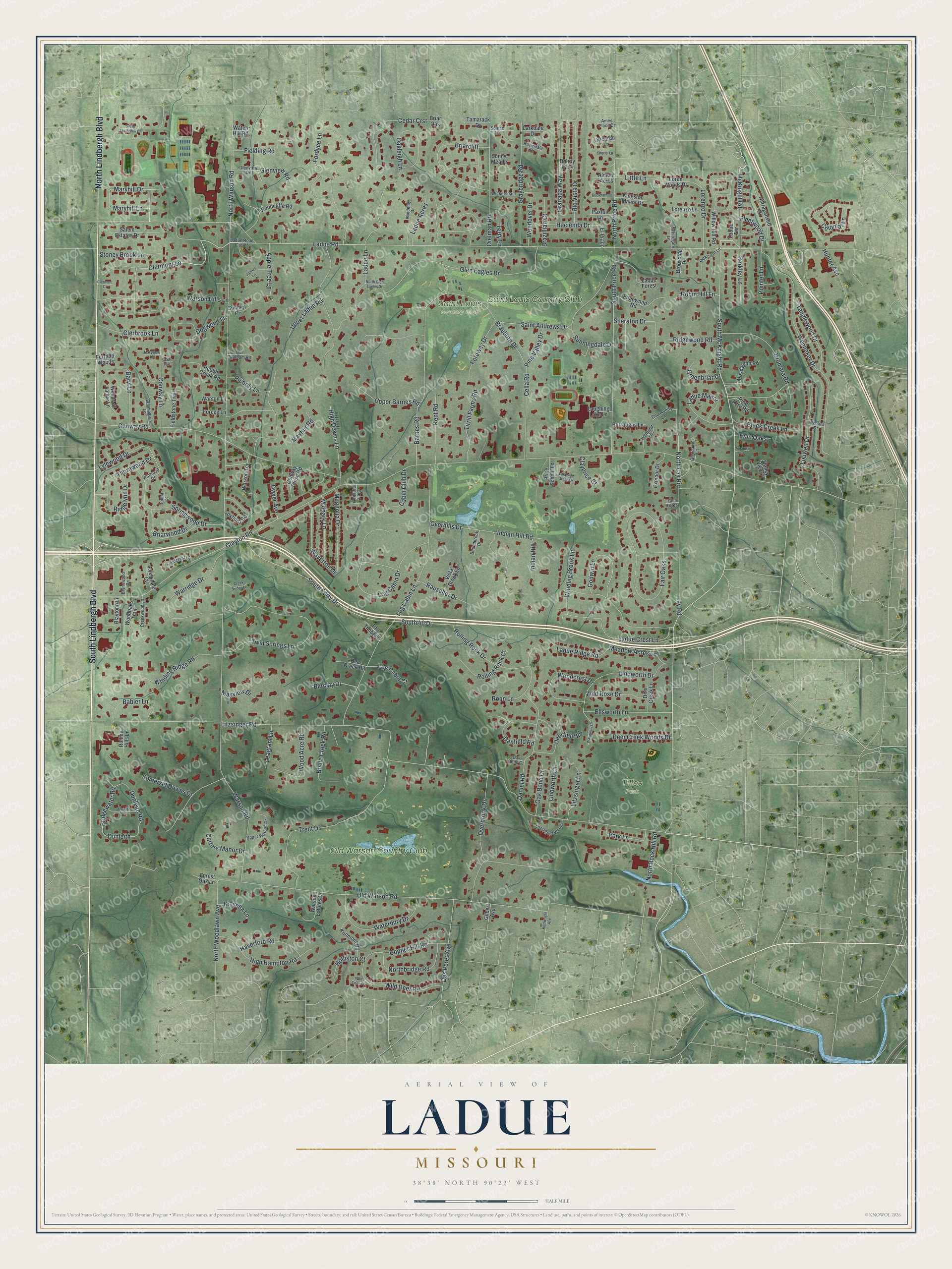 Full aerial map of Ladue, Missouri, with red buildings, green golf courses, winding streets and a cream title panel