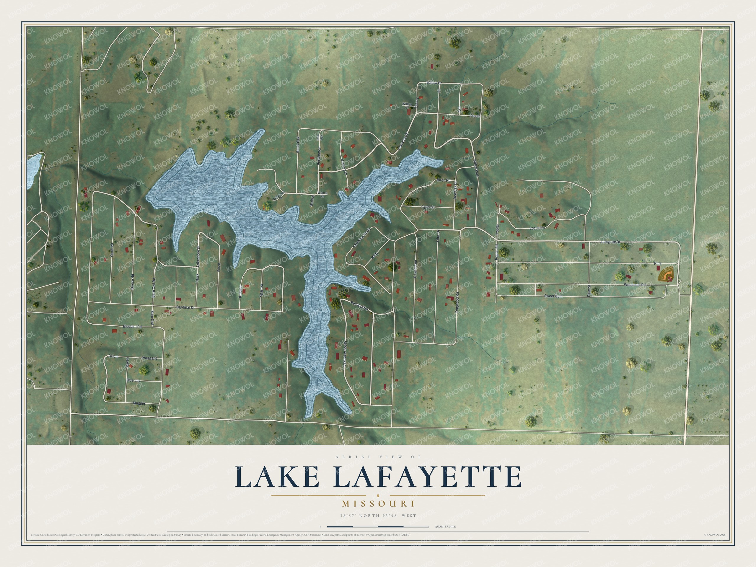 Full map of Lake Lafayette, Missouri, with red buildings, printed street names and the land around them