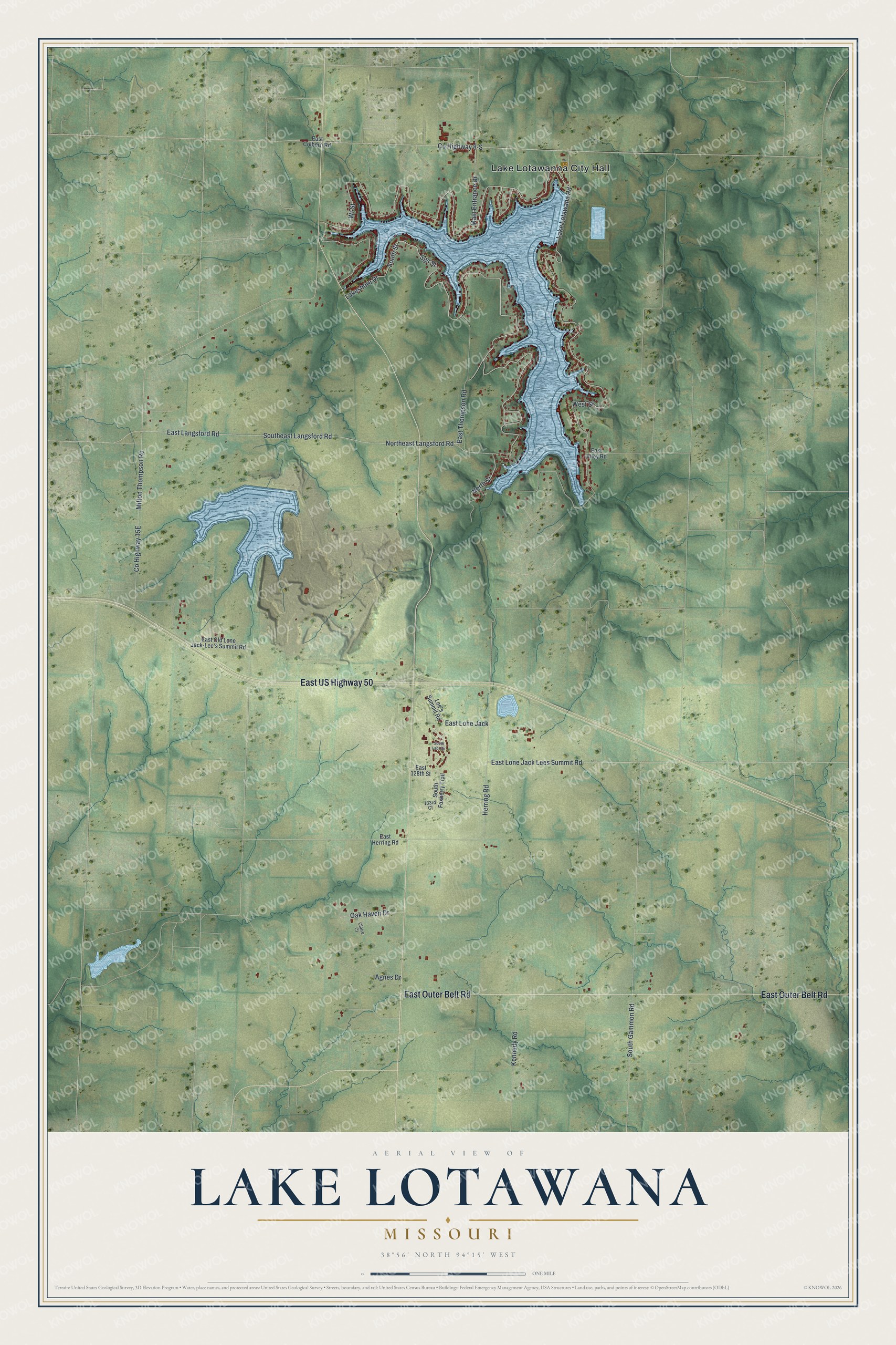 Full map of Lake Lotawana, Missouri, with red buildings, printed street names and the land around them