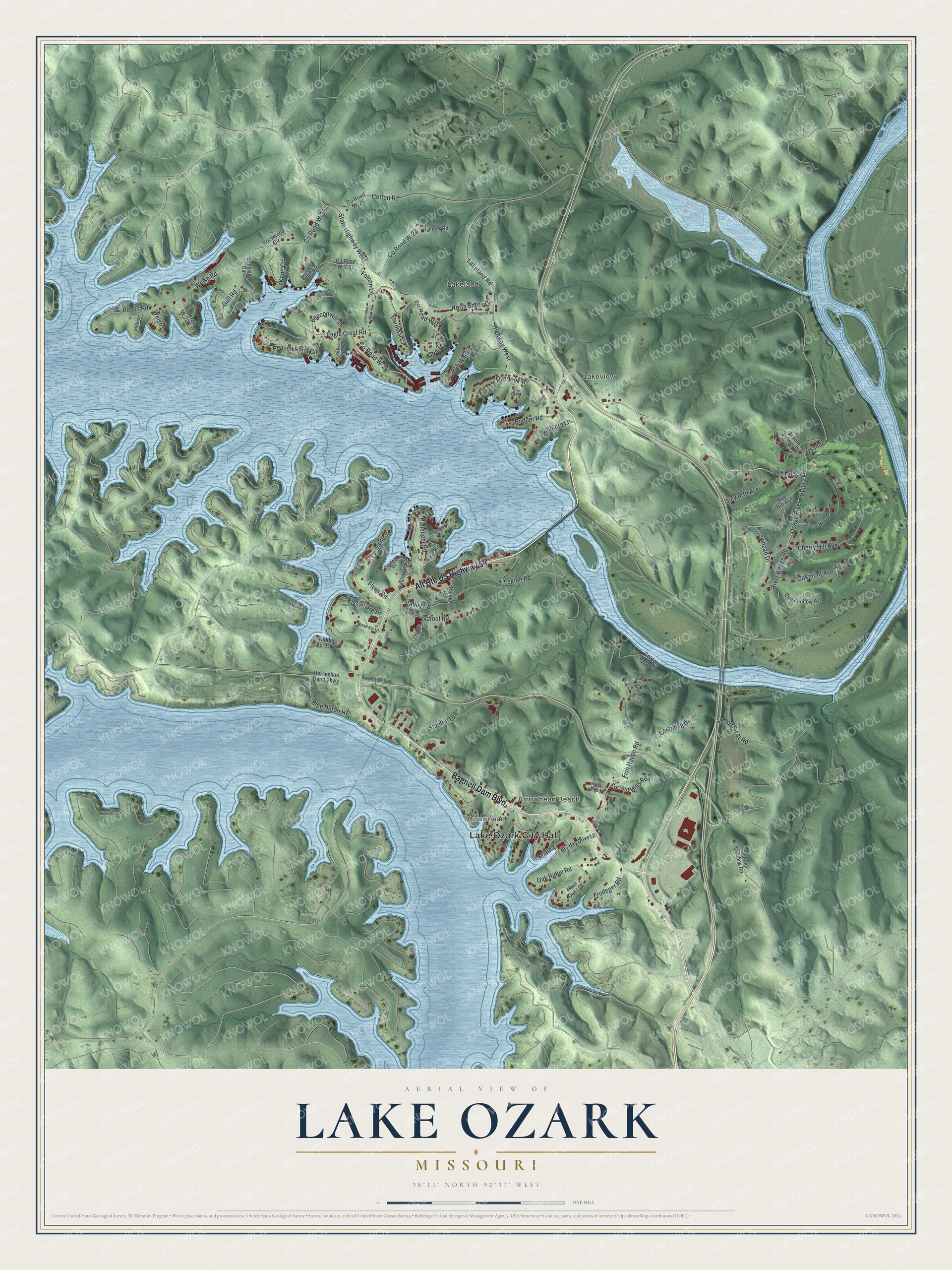 Full Lake Ozark map with blue coves, green shaded hills, red buildings and a cream title panel beneath the aerial view