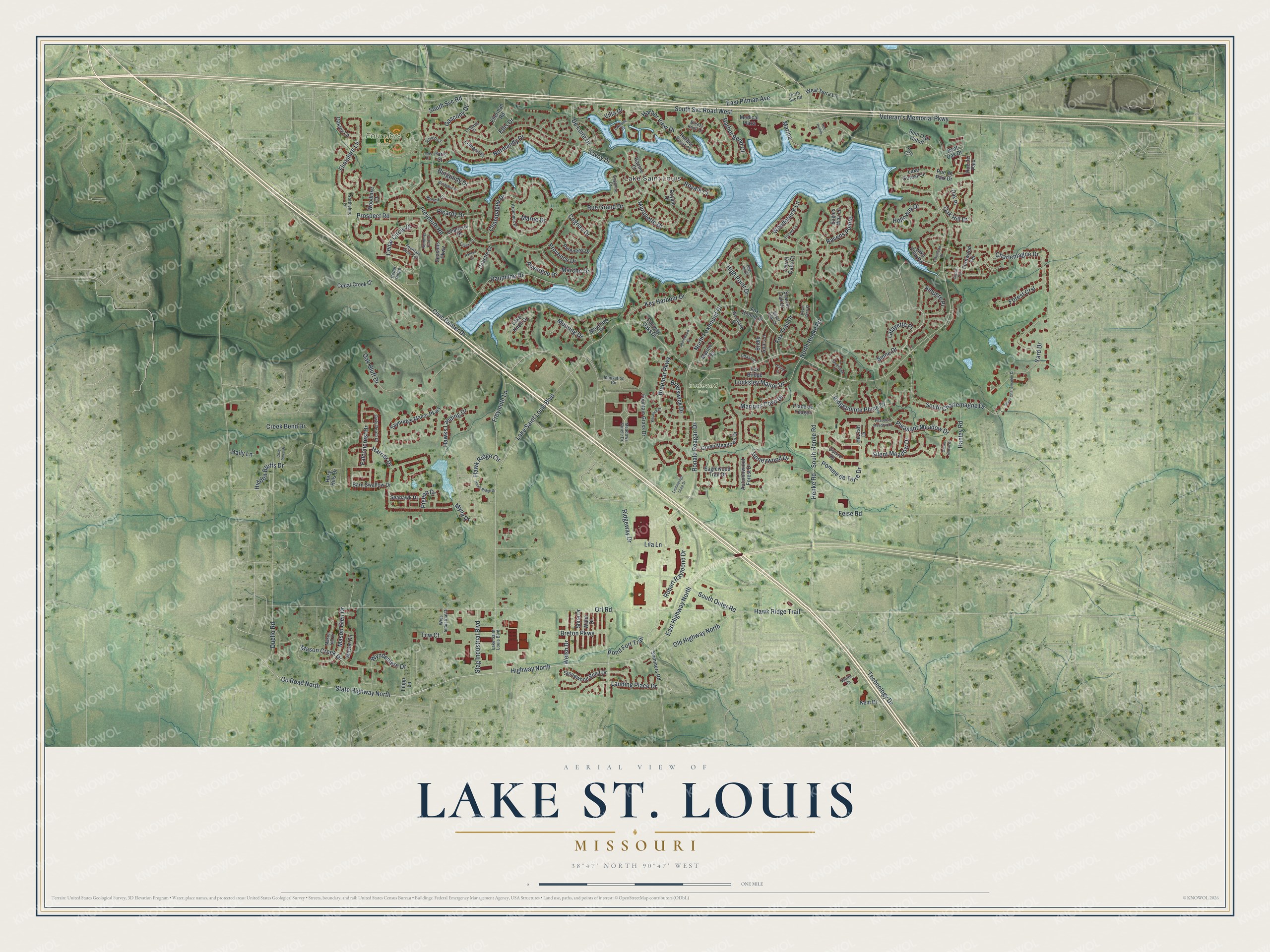 Full map of Lake St. Louis, Missouri, with red buildings, printed street names and the land around them