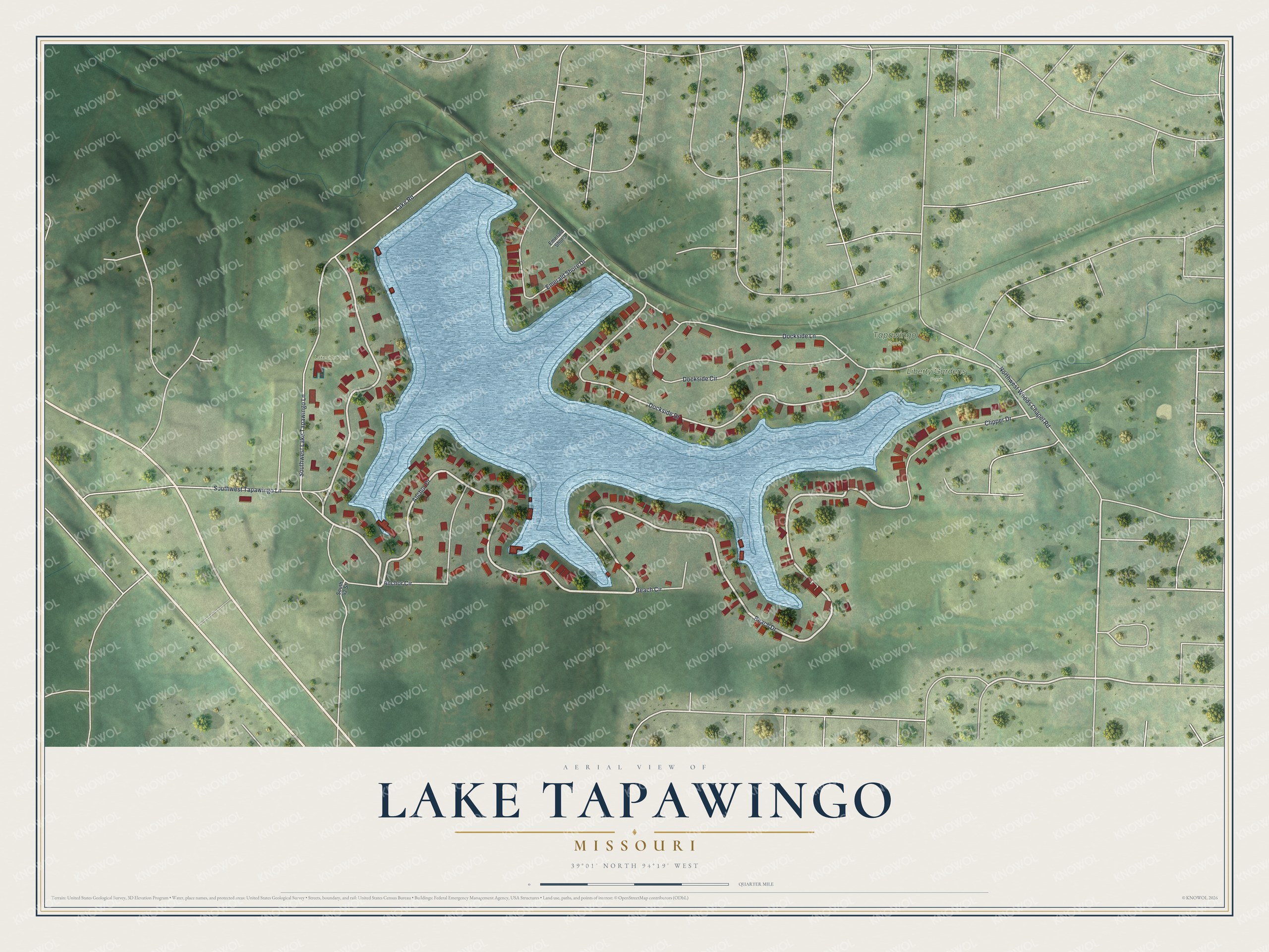 Full map of Lake Tapawingo, Missouri, with red buildings, printed street names and the land around them
