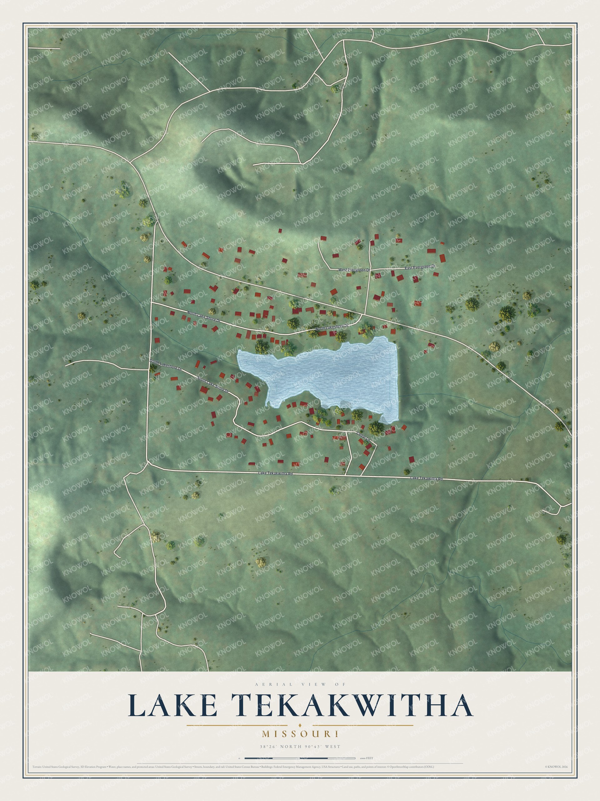 Full map of Lake Tekakwitha, Missouri, with red buildings, printed street names and the land around them