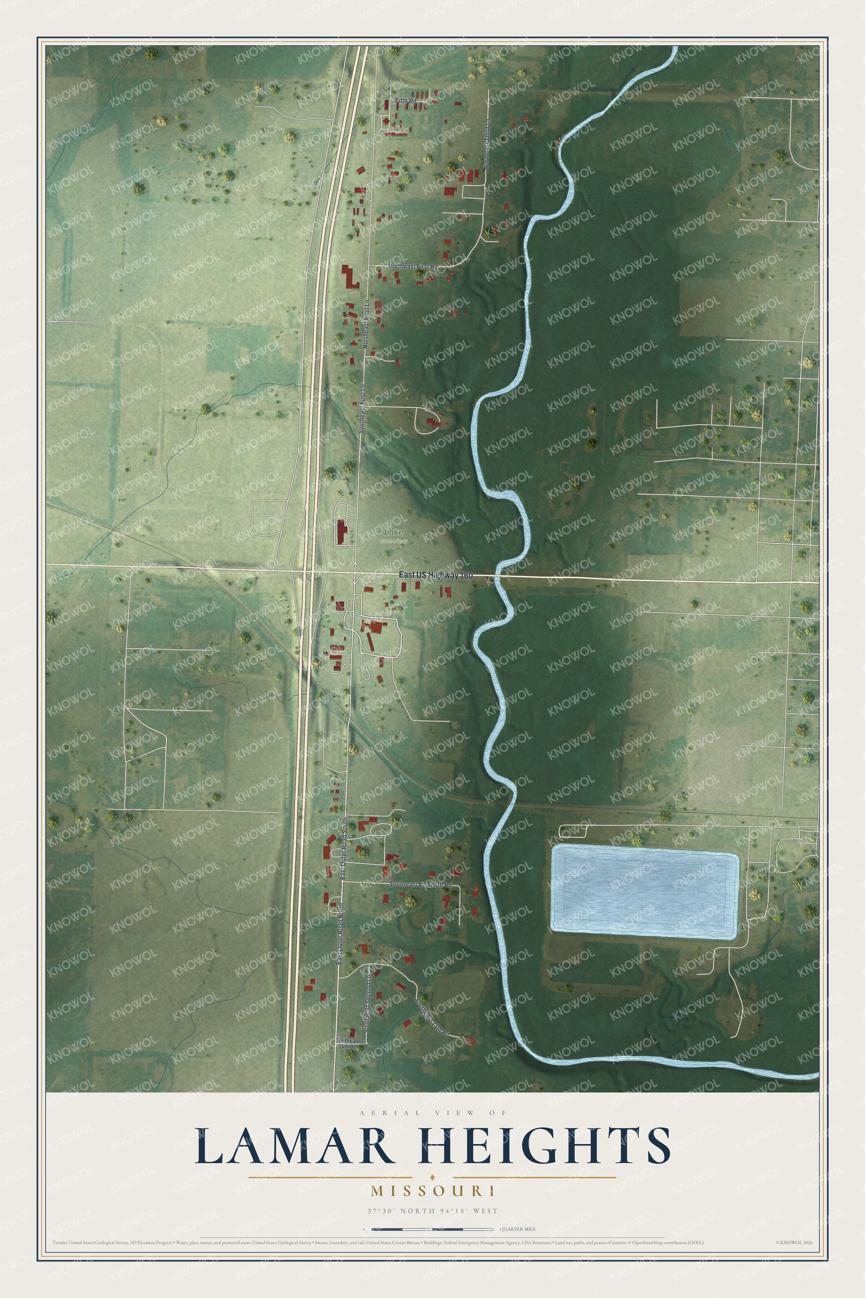 Full map of Lamar Heights, Missouri, with red buildings, printed street names and the land around them